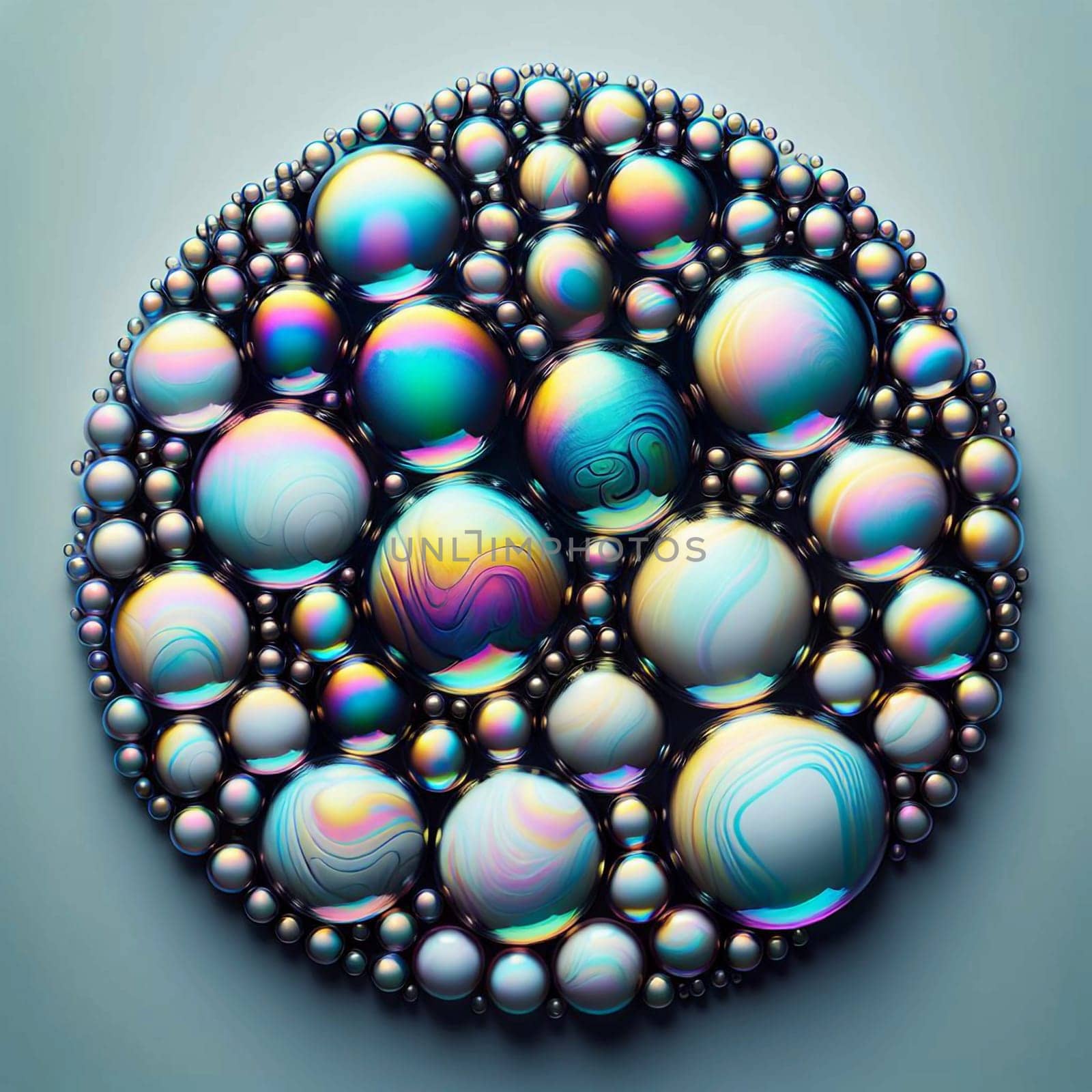 A circular arrangement of iridescent, spherical bubbles, arranged in a gradient pattern with a light blue background. A high-quality photo.