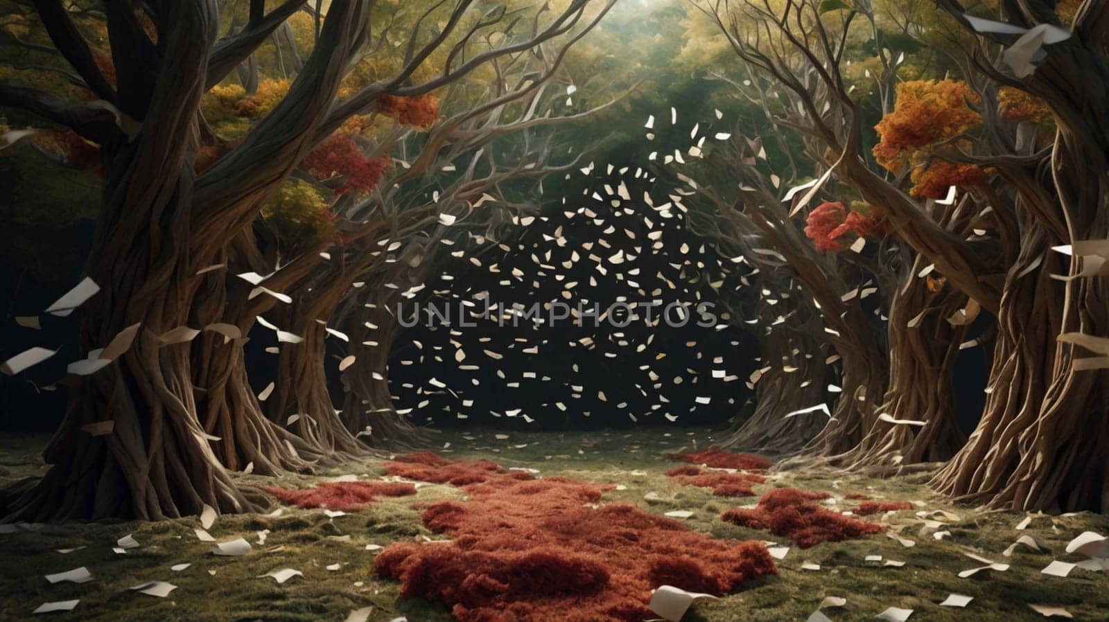 A dark, mysterious forest with glowing leaves and a path leading through it. A high-quality photo.