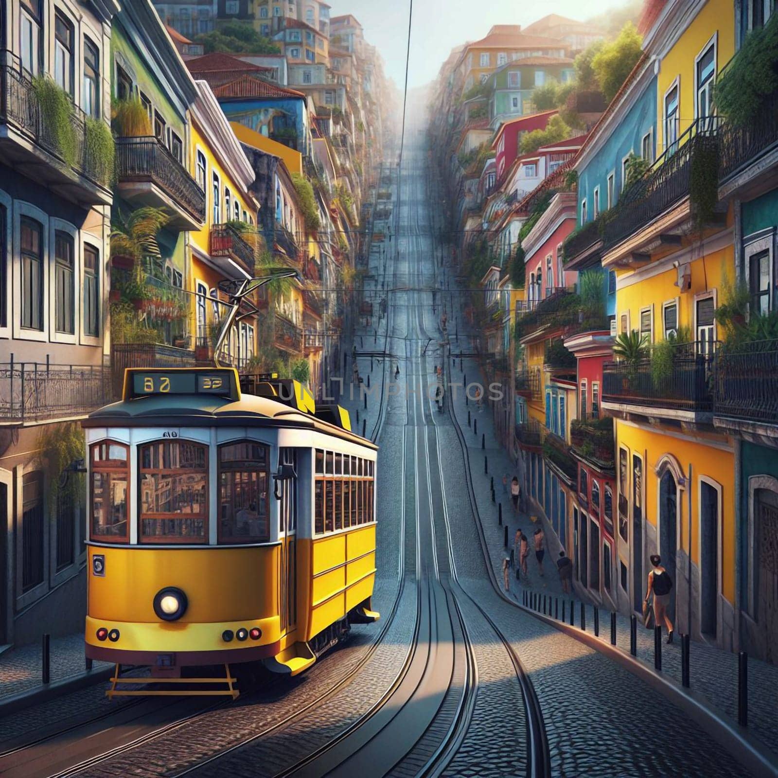 An image of a yellow tram traveling up a steep, winding street in a city with colorful buildings. A high-quality photo.