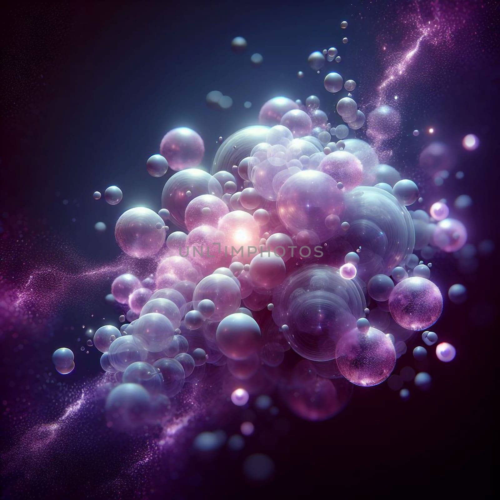 A cluster of iridescent, glowing bubbles in a dark space filled with shimmering dust and light. A high-quality photo.