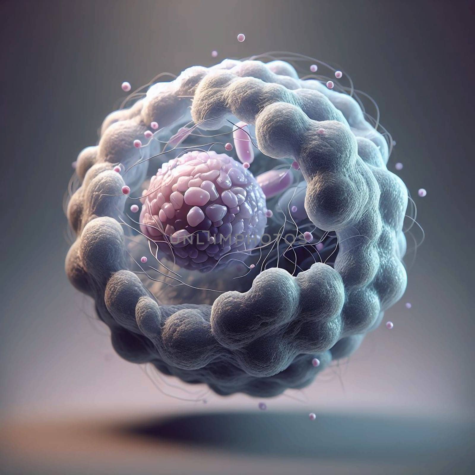 A 3D rendering of a cell with a nucleus and surrounding structures, representing the fundamental building block of life. A high-quality photo.