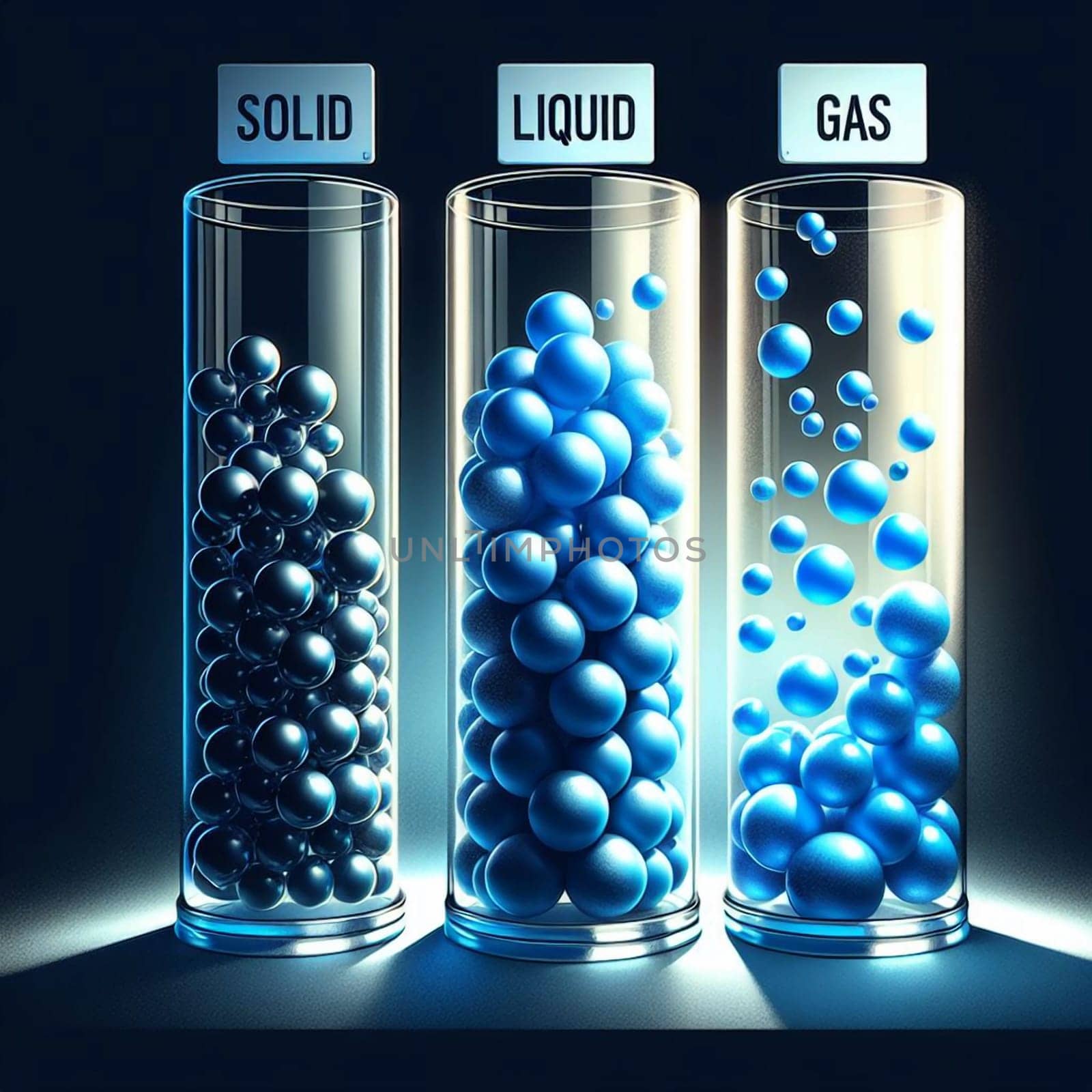 A simple illustration of the states of matter: solid, liquid, and gas. A high-quality photo.