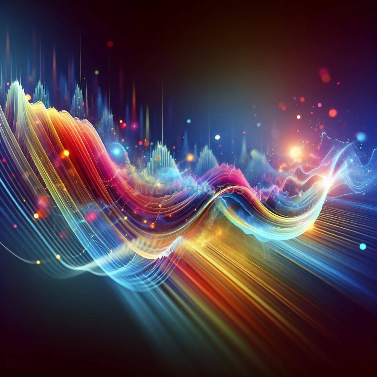 An abstract image of colorful, dynamic waves of light and energy, resembling a digital signal or a cosmic event. A high-quality photo.