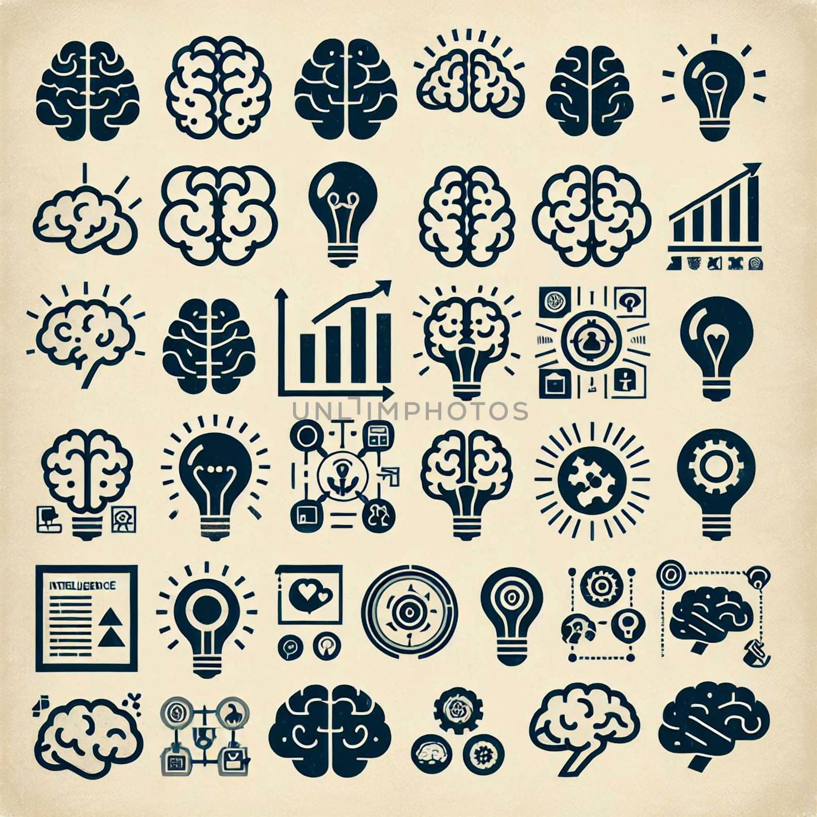 A collection of black and white icons representing brains, light bulbs, and graphs, symbolizing intelligence, creativity, and growth, on a vintage background. A high-quality photo.
