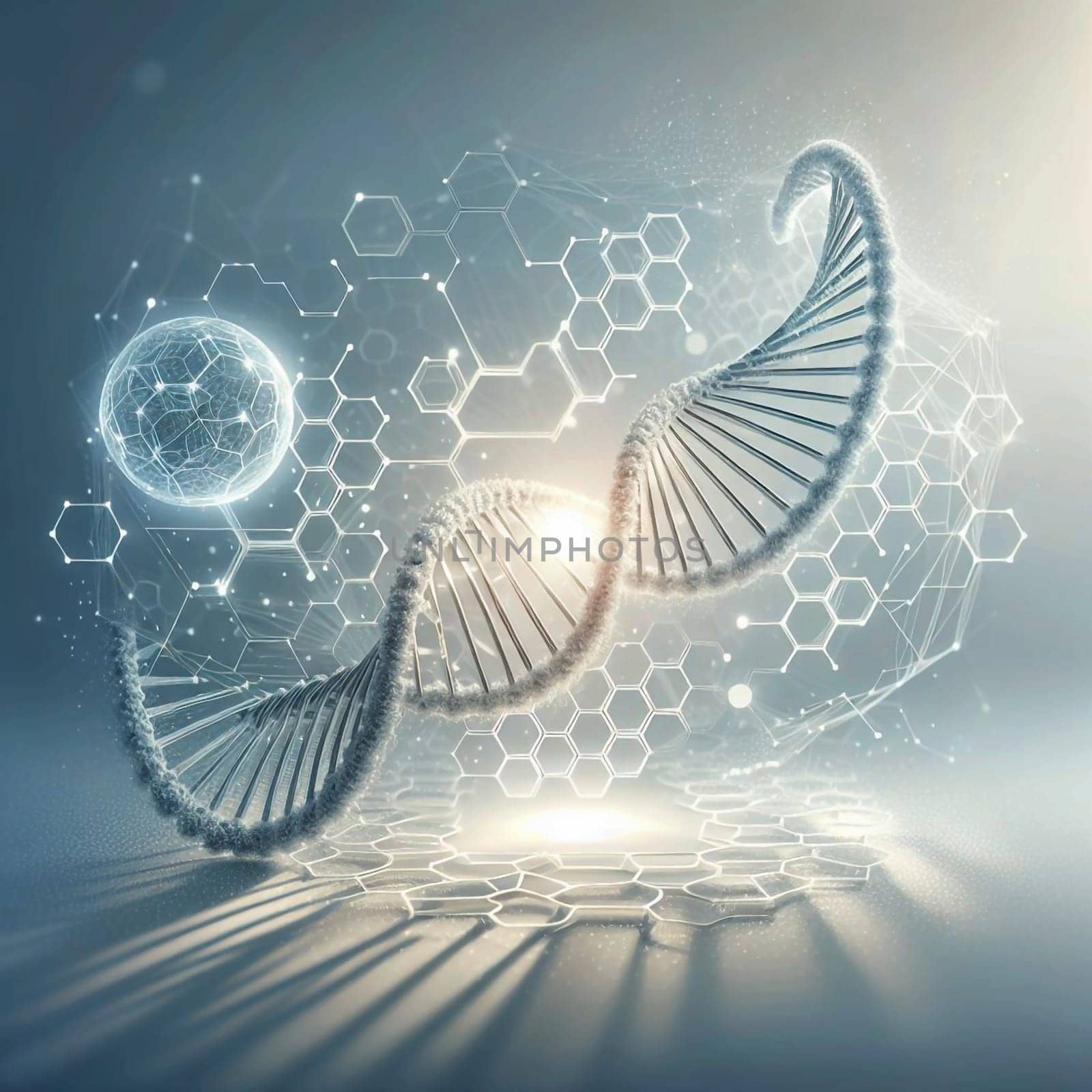 A 3D rendering of a DNA helix against a background of a honeycomb and a molecular structure, representing the intricate complexity of life. A high-quality photo.