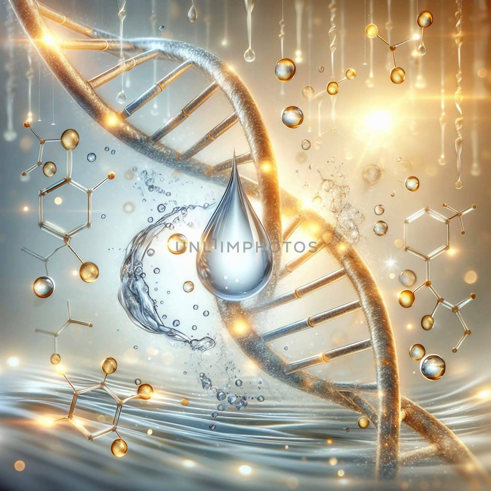 A 3D rendering of a DNA helix with a water drop, representing the connection between science, technology, and nature. A high-quality photo.