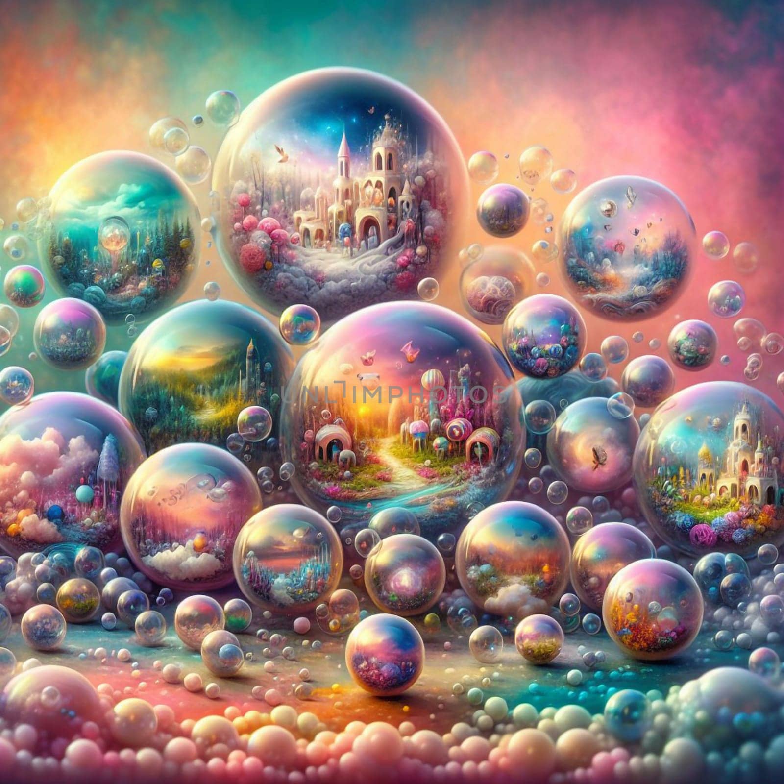 An image of many colorful, glowing bubbles, each containing a different miniature landscape, some with buildings, flowers, and animals, creating a dreamy and magical atmosphere. A high-quality photo.