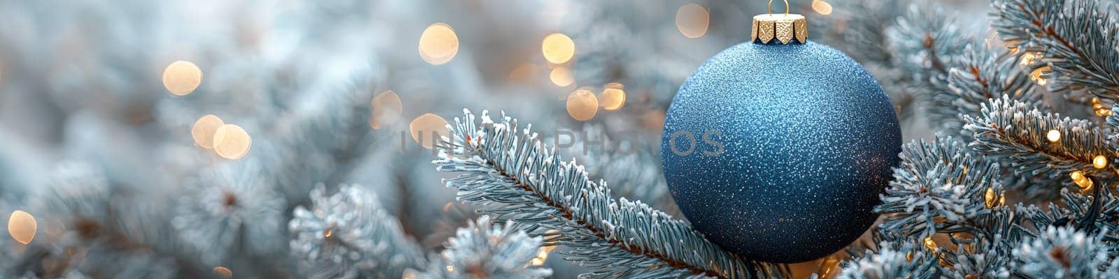 A sophisticated advertising photo of a dark blue Christmas ornament hanging from a plush pine branch, with a clean white background. The image features ample space on one-third for customizable text, ideal for seasonal marketing. Low lighting enhances the richness of the dark blue color, adding depth and elegance to the composition.