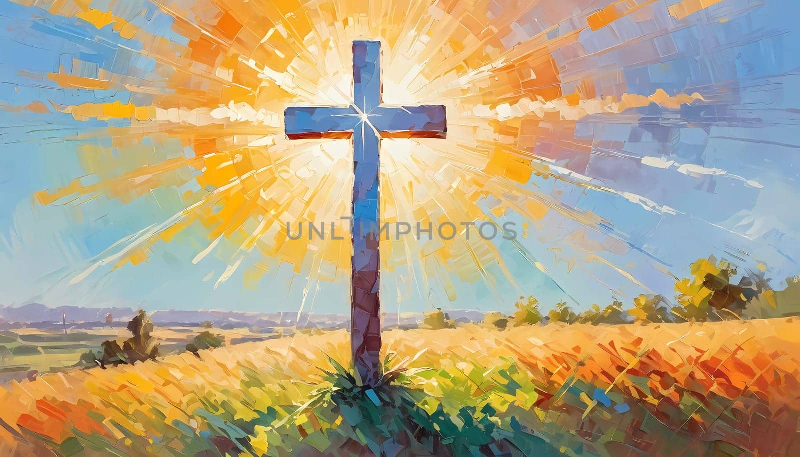 A stunning sunset illuminates a large wooden cross, radiating colorful rays of light. In the distance, a quaint chapel completes this serene rural landscape. A radiant sun shining through a cross. AI
