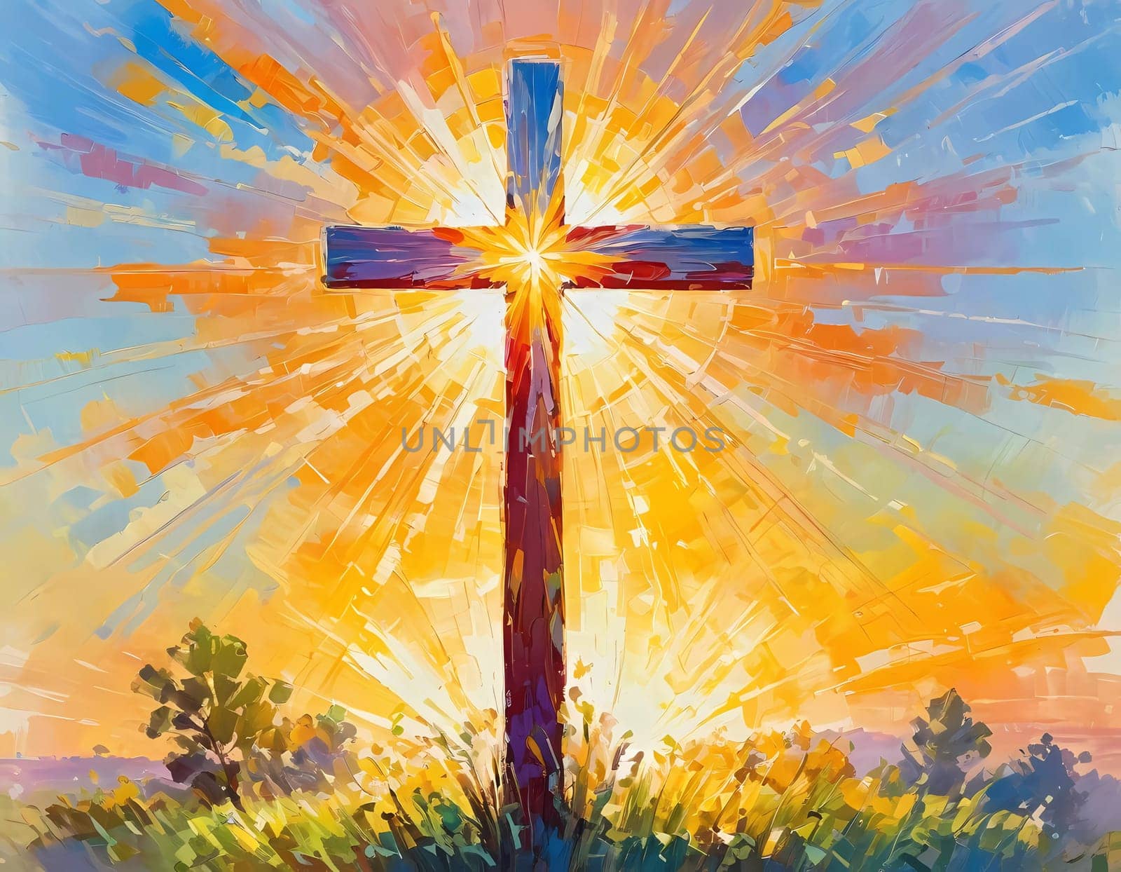 A stunning sunset illuminates a large wooden cross, radiating colorful rays of light. In the distance, a quaint chapel completes this serene rural landscape. A radiant sun shining through a cross. AI