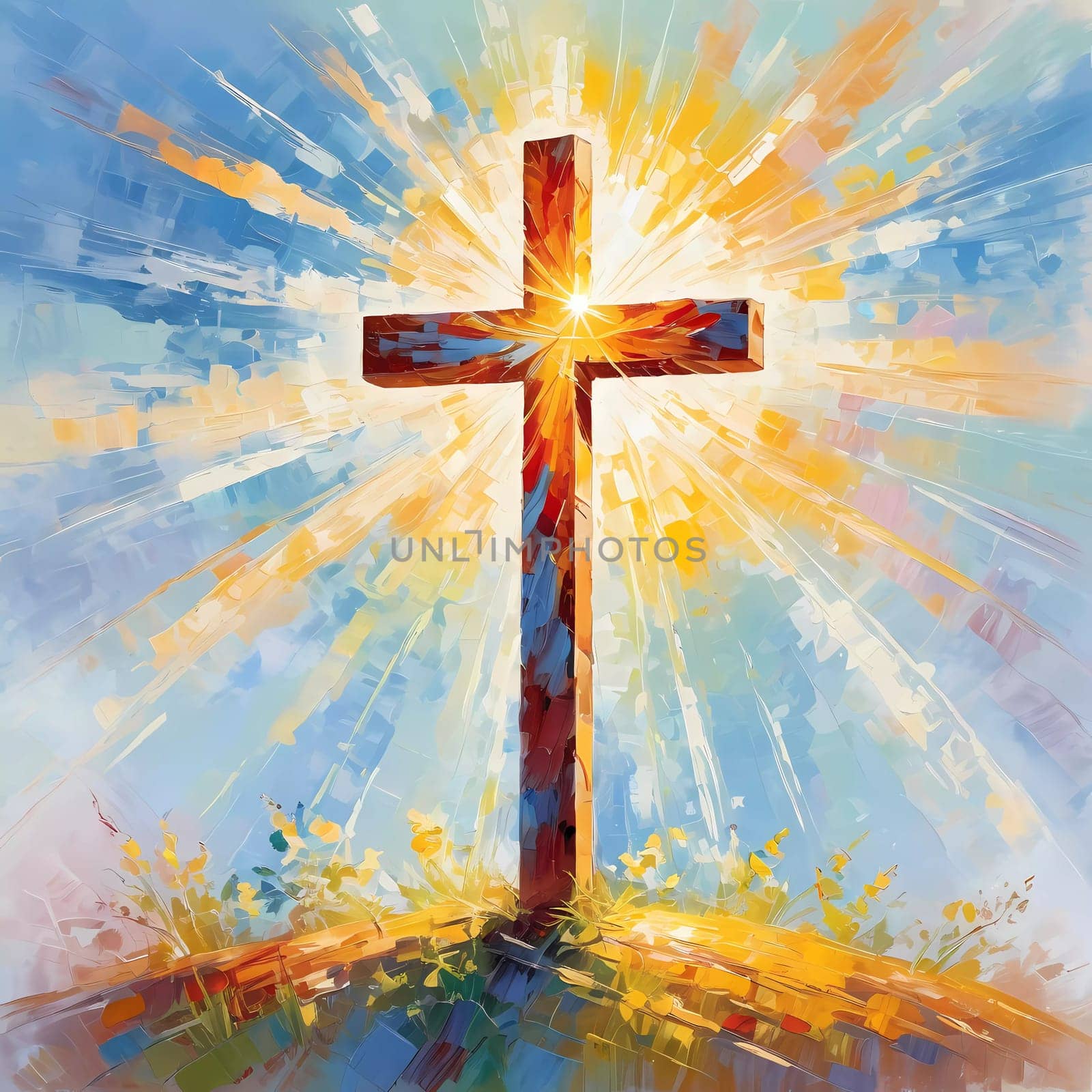 A stunning sunset illuminates a large wooden cross, radiating colorful rays of light. In the distance, a quaint chapel completes this serene rural landscape. A radiant sun shining through a cross. AI