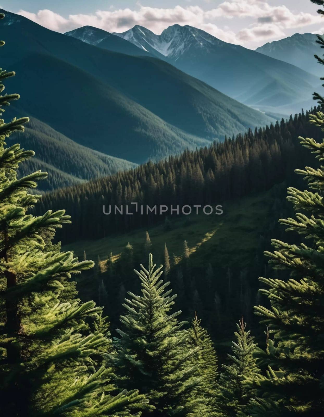 Majestic mountains tower over a serene spruce forest beneath a dramatic sky, showcasing nature beauty at dusk. Towering mountains with rolling hills and moody sky highlighting peaceful wilderness. AI.