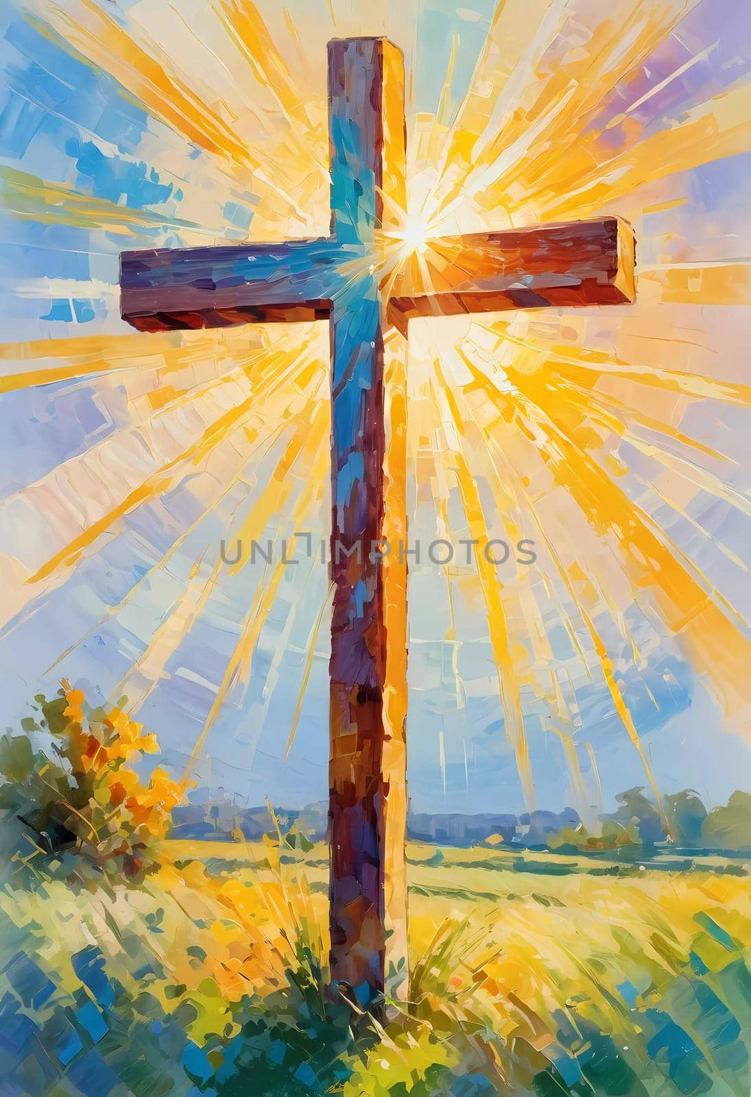 A stunning sunset illuminates a large wooden cross, radiating colorful rays of light. In the distance, a quaint chapel completes this serene rural landscape. A radiant sun shining through a cross. AI