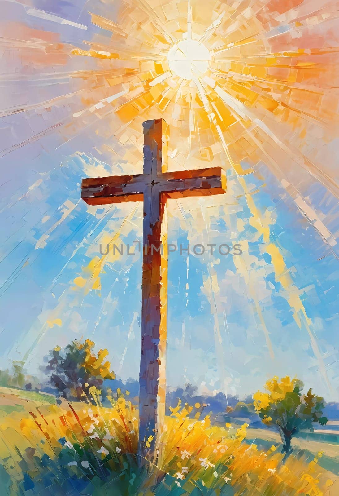 A stunning sunset illuminates a large wooden cross, radiating colorful rays of light. In the distance, a quaint chapel completes this serene rural landscape. A radiant sun shining through a cross. AI