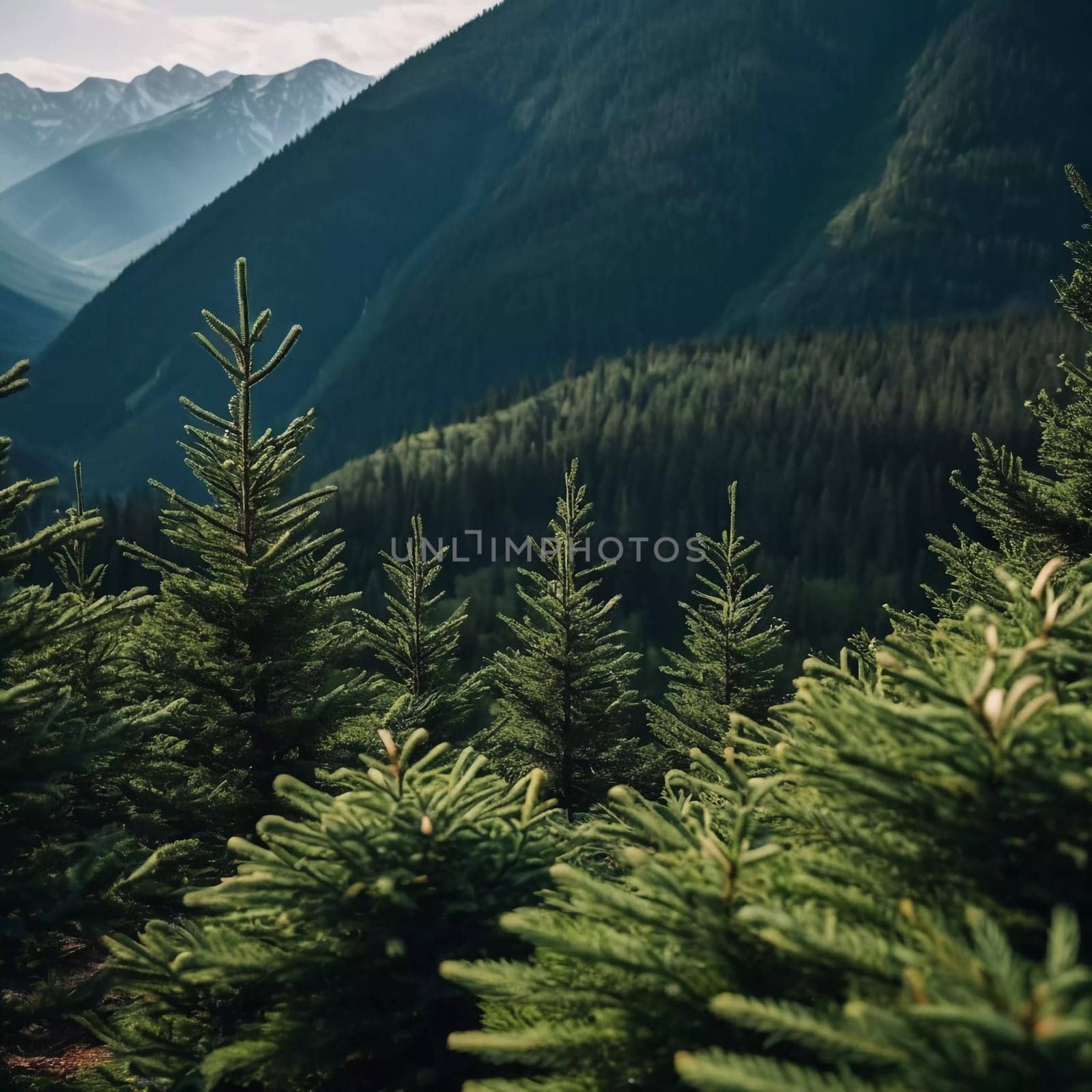 Majestic mountains tower over a serene spruce forest beneath a dramatic sky, showcasing nature beauty at dusk. Towering mountains with rolling hills and moody sky highlighting peaceful wilderness. AI.