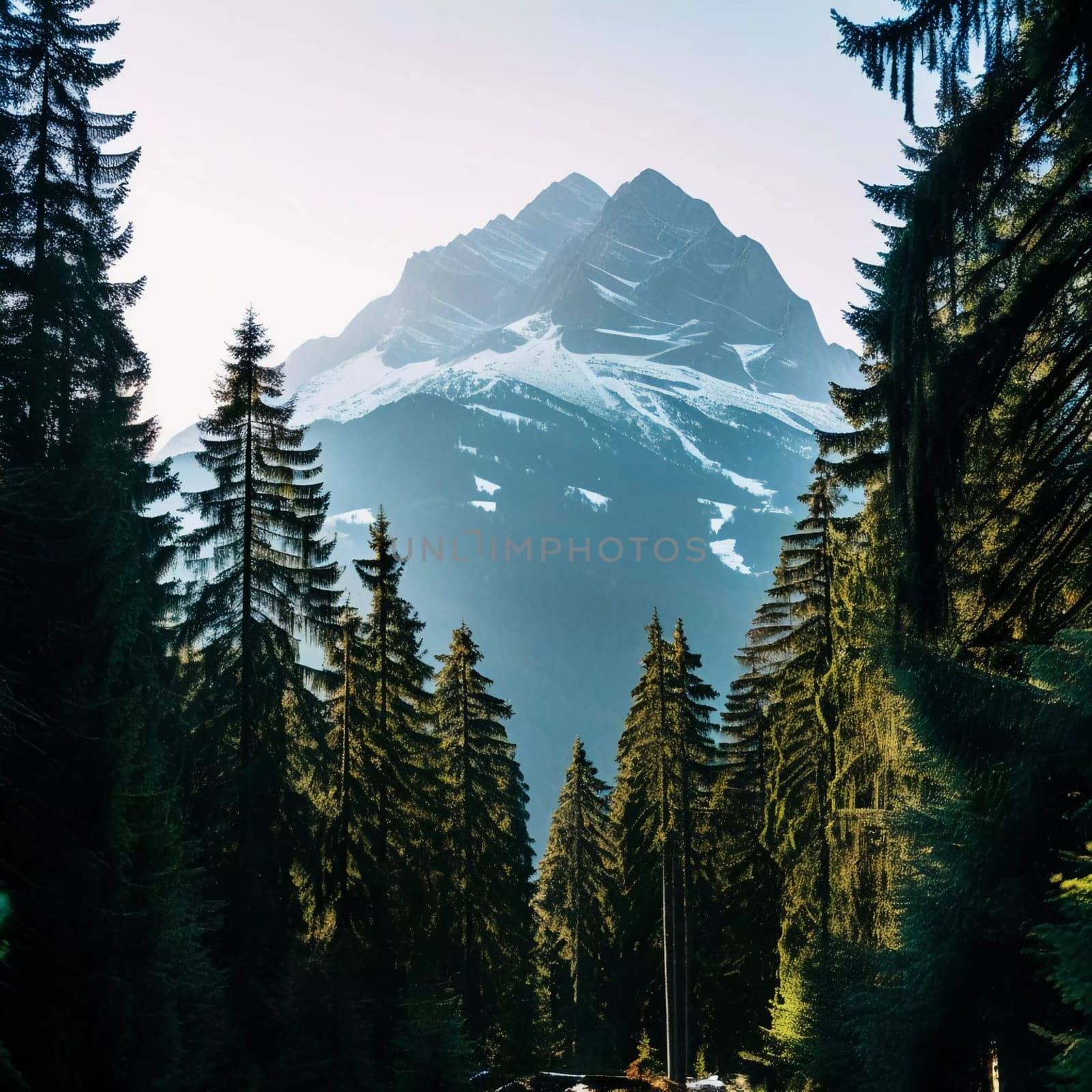 Majestic mountains tower over a serene spruce forest beneath a dramatic sky, showcasing nature beauty at dusk. Towering mountains with rolling hills and moody sky highlighting peaceful wilderness. AI.