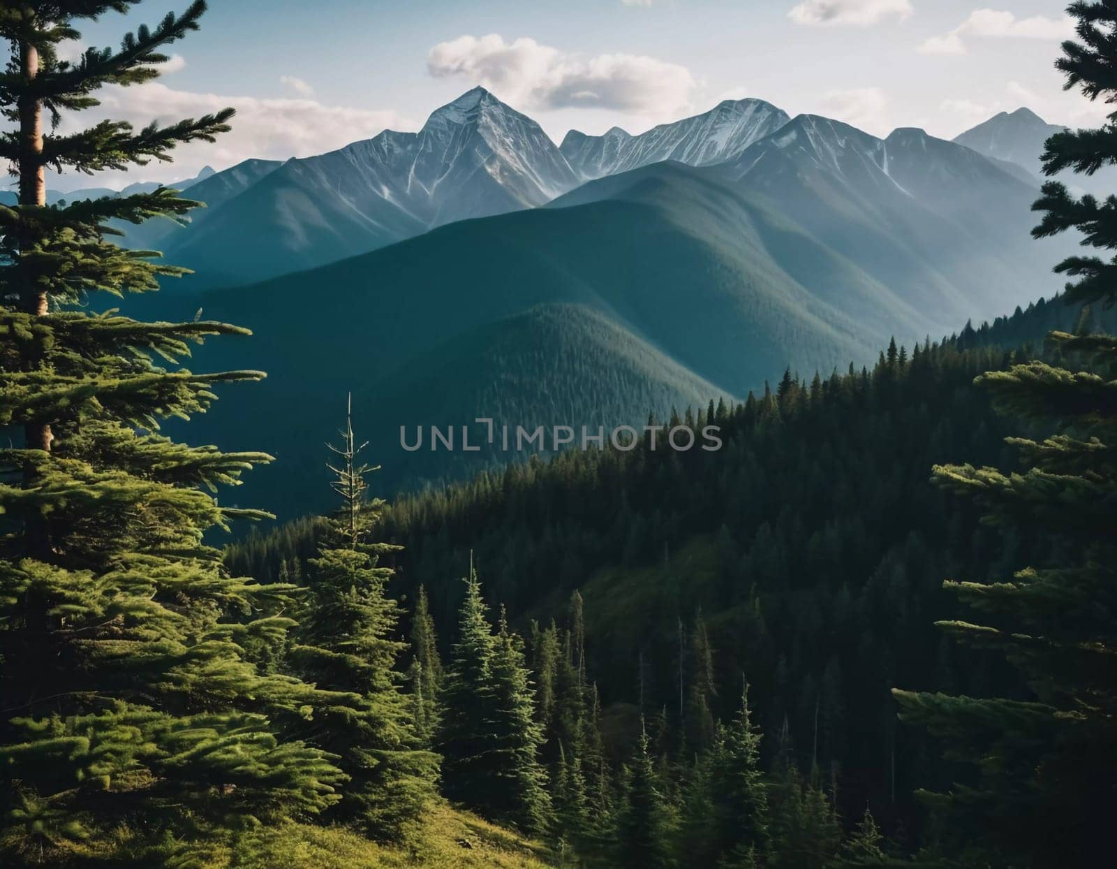 Majestic mountains tower over a serene spruce forest beneath a dramatic sky, showcasing nature beauty at dusk. Towering mountains with rolling hills and moody sky highlighting peaceful wilderness. AI.