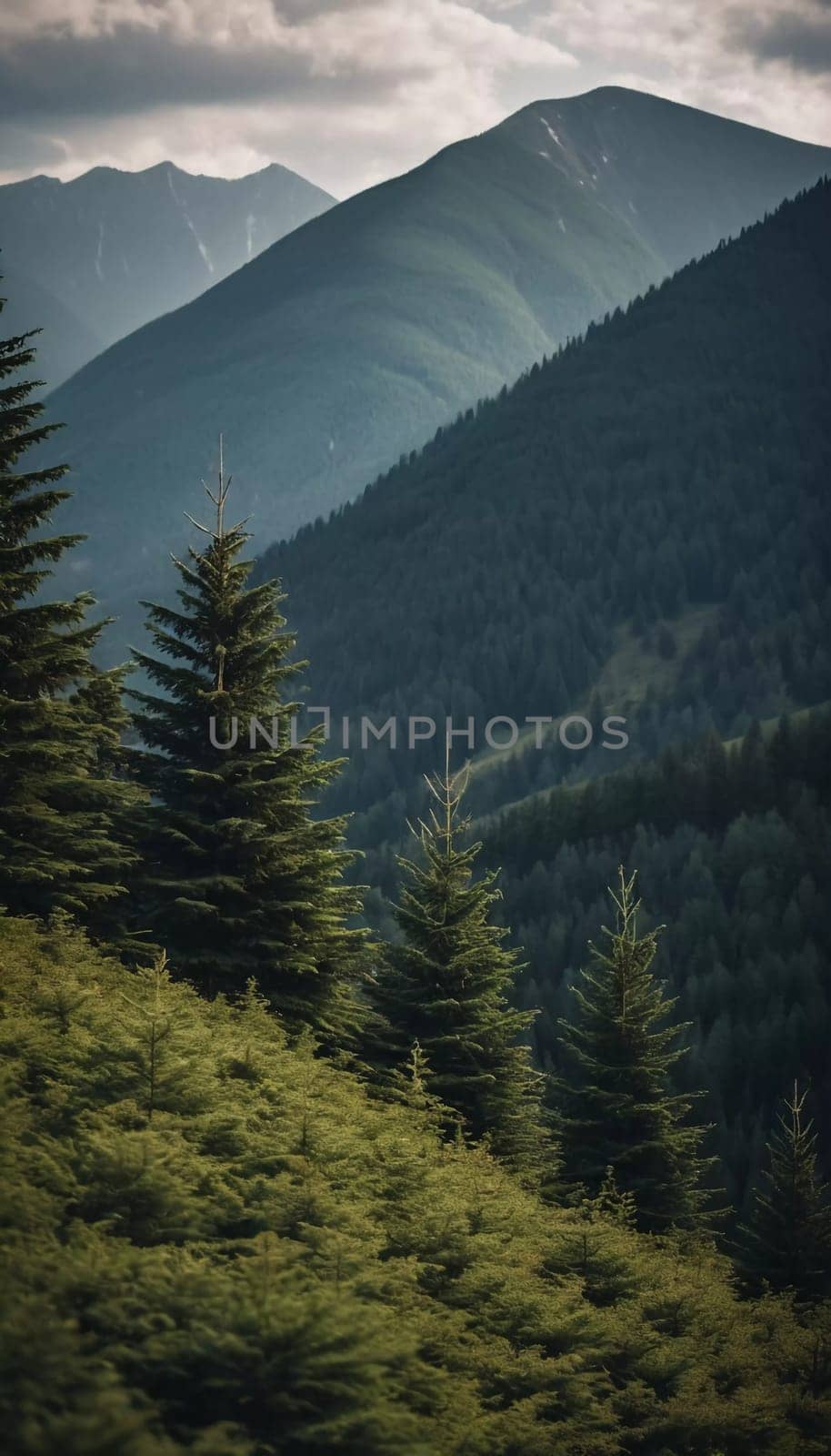 Majestic mountains tower over a serene spruce forest beneath a dramatic sky, showcasing nature beauty at dusk. Towering mountains with rolling hills and moody sky highlighting peaceful wilderness. AI.