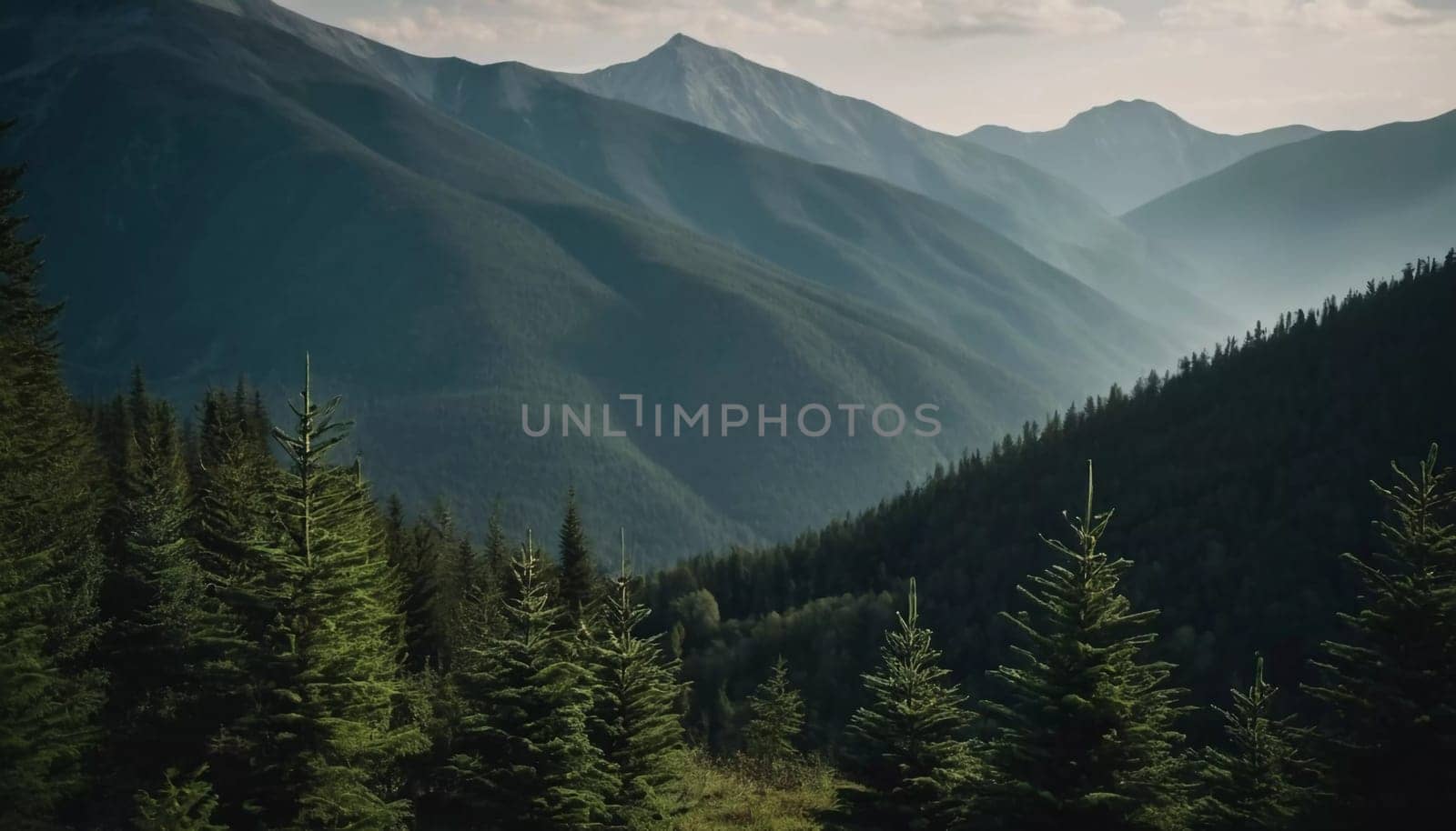 Majestic mountains tower over a serene spruce forest beneath a dramatic sky, showcasing nature beauty at dusk. Towering mountains with rolling hills and moody sky highlighting peaceful wilderness. AI.