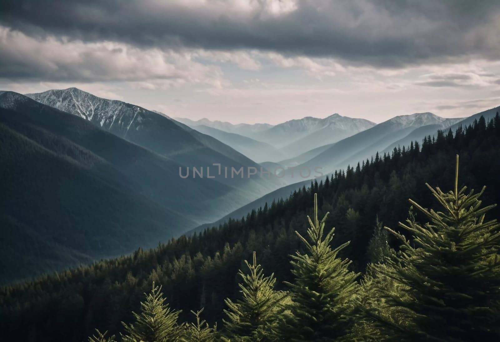 Majestic mountains tower over a serene spruce forest beneath a dramatic sky, showcasing nature beauty at dusk. Towering mountains with rolling hills and moody sky highlighting peaceful wilderness. AI.