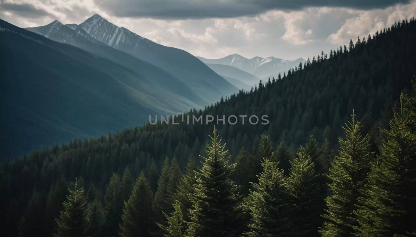 Majestic mountains tower over a serene spruce forest beneath a dramatic sky, showcasing nature beauty at dusk. Towering mountains with rolling hills and moody sky highlighting peaceful wilderness. AI.