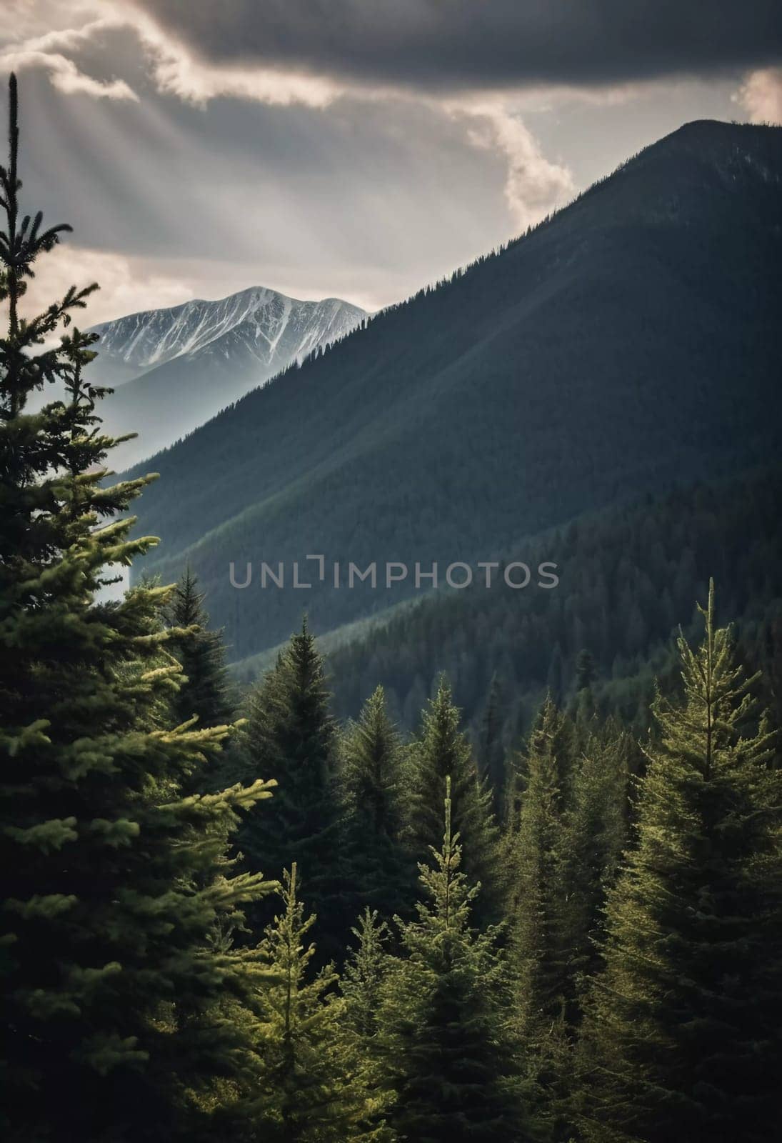 Majestic mountains tower over a serene spruce forest beneath a dramatic sky, showcasing nature beauty at dusk. Towering mountains with rolling hills and moody sky highlighting peaceful wilderness. AI.