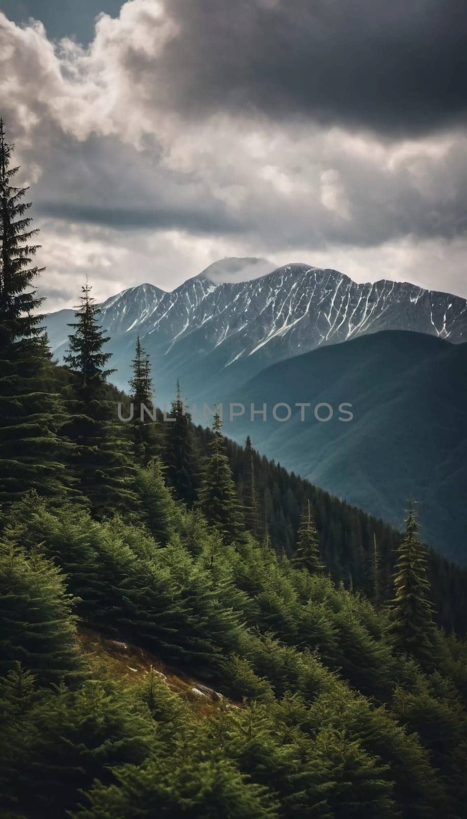 Majestic mountains tower over a serene spruce forest beneath a dramatic sky, showcasing nature beauty at dusk. Towering mountains with rolling hills and moody sky highlighting peaceful wilderness. AI.