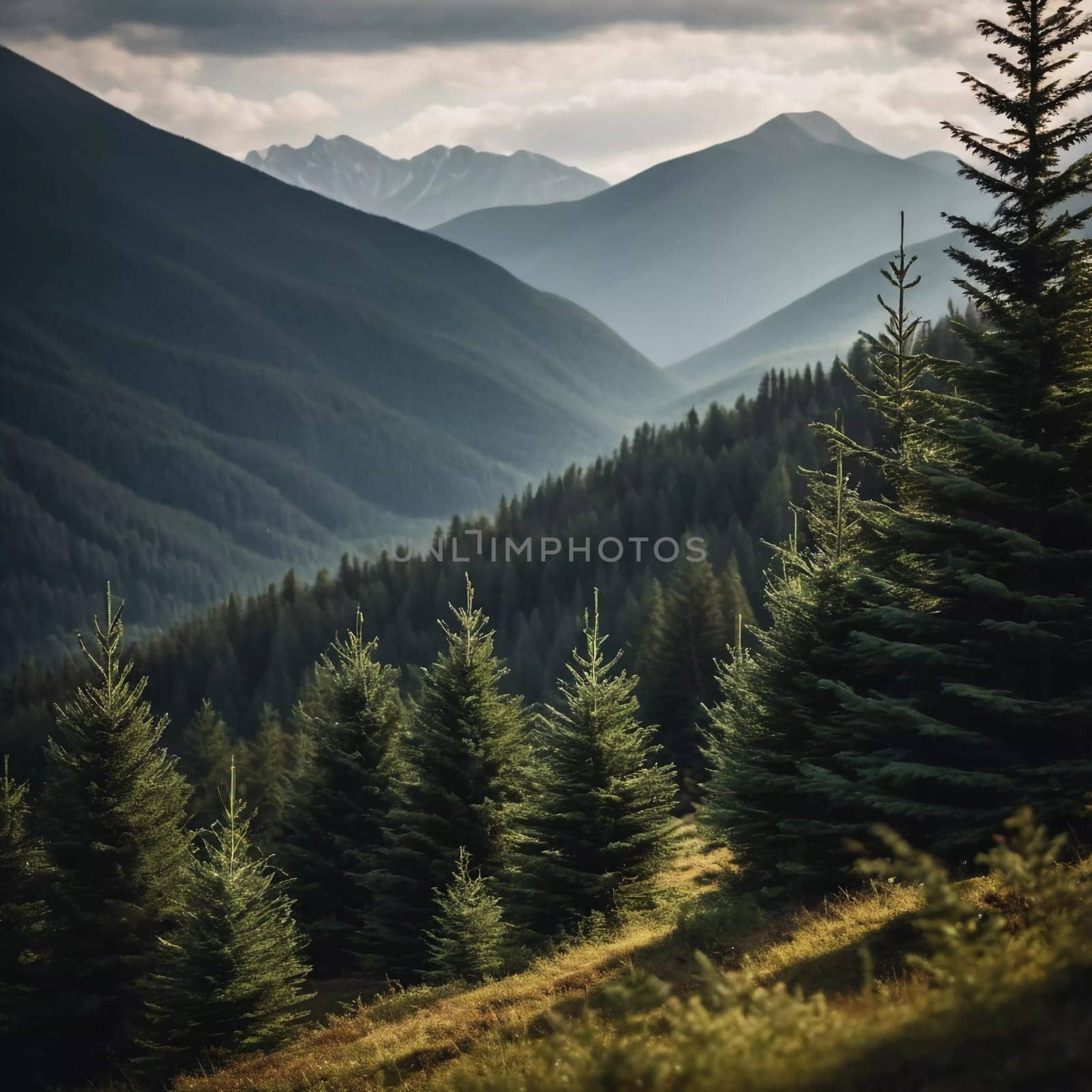 Majestic mountains tower over a serene spruce forest beneath a dramatic sky, showcasing nature beauty at dusk. Towering mountains with rolling hills and moody sky highlighting peaceful wilderness. AI.