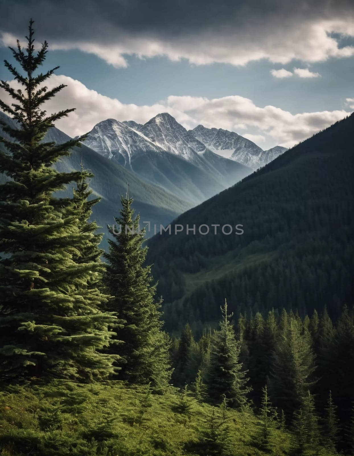 Majestic mountains tower over a serene spruce forest beneath a dramatic sky, showcasing nature beauty at dusk. Towering mountains with rolling hills and moody sky highlighting peaceful wilderness. AI.