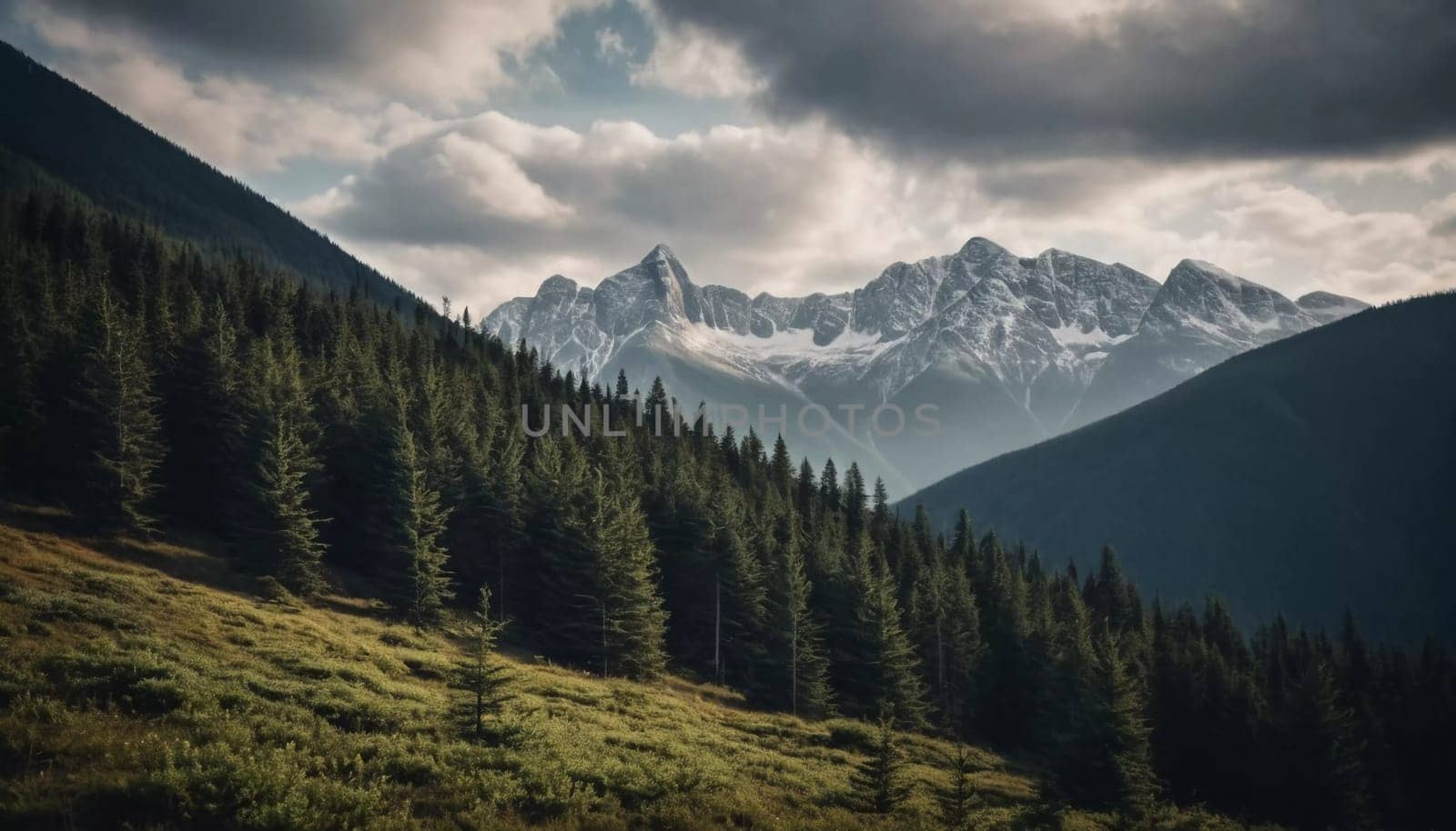 Majestic mountains tower over a serene spruce forest beneath a dramatic sky, showcasing nature beauty at dusk. Towering mountains with rolling hills and moody sky highlighting peaceful wilderness. AI.