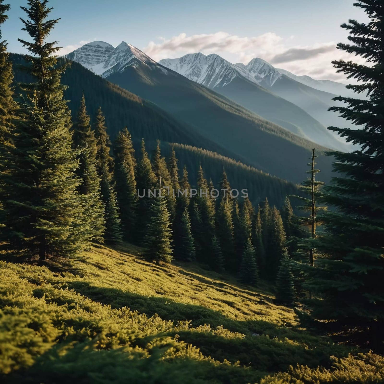 Majestic mountains tower over a serene spruce forest beneath a dramatic sky, showcasing nature beauty at dusk. Towering mountains with rolling hills and moody sky highlighting peaceful wilderness. AI.