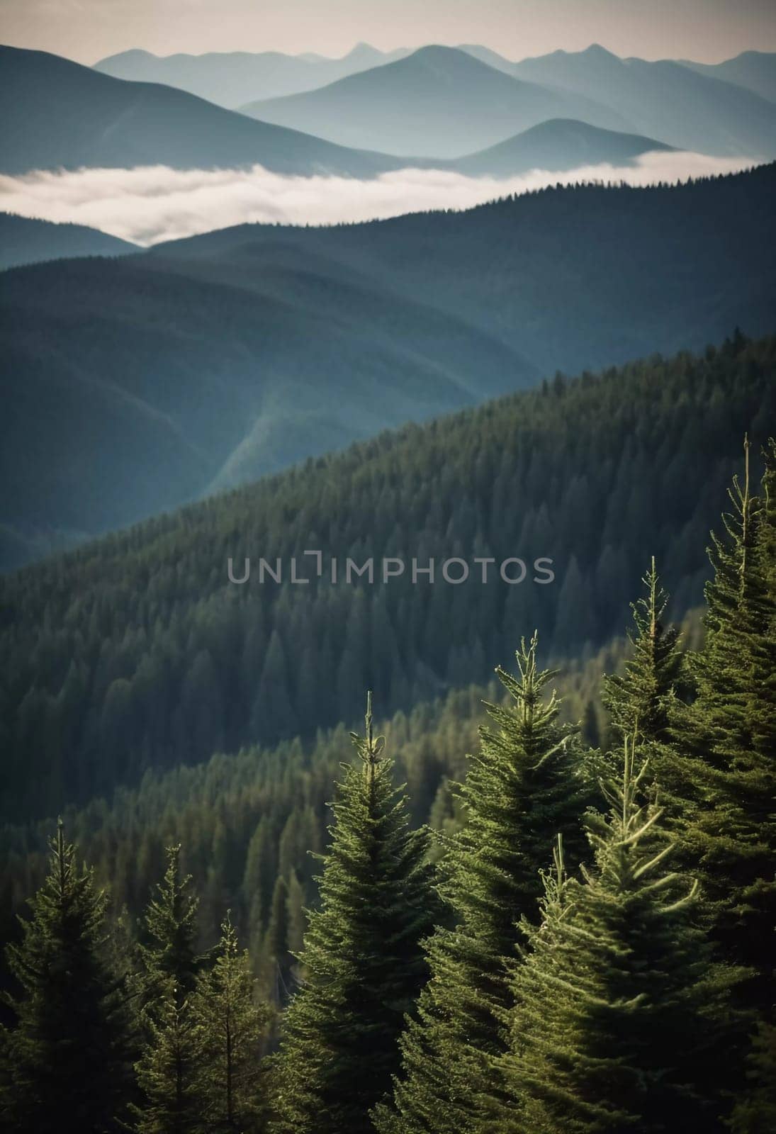 Majestic mountains tower over a serene spruce forest beneath a dramatic sky, showcasing nature beauty at dusk. Towering mountains with rolling hills and moody sky highlighting peaceful wilderness. AI.