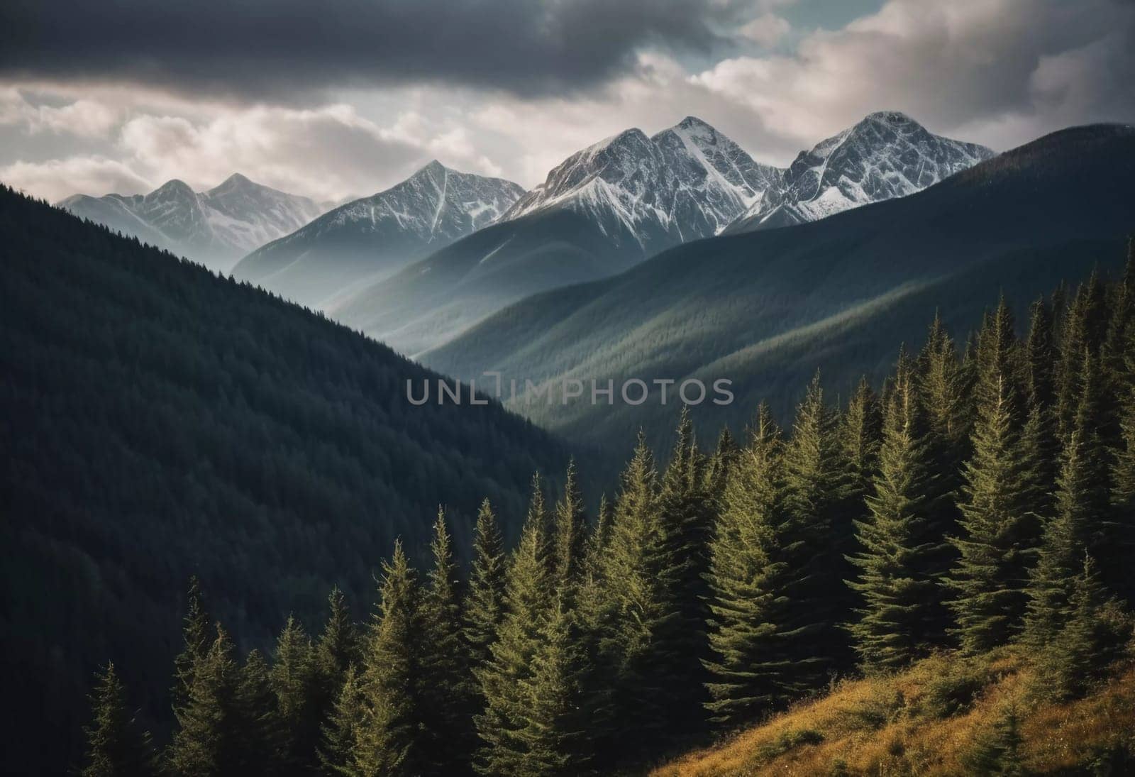 Majestic mountains tower over a serene spruce forest beneath a dramatic sky, showcasing nature beauty at dusk. Towering mountains with rolling hills and moody sky highlighting peaceful wilderness. AI.