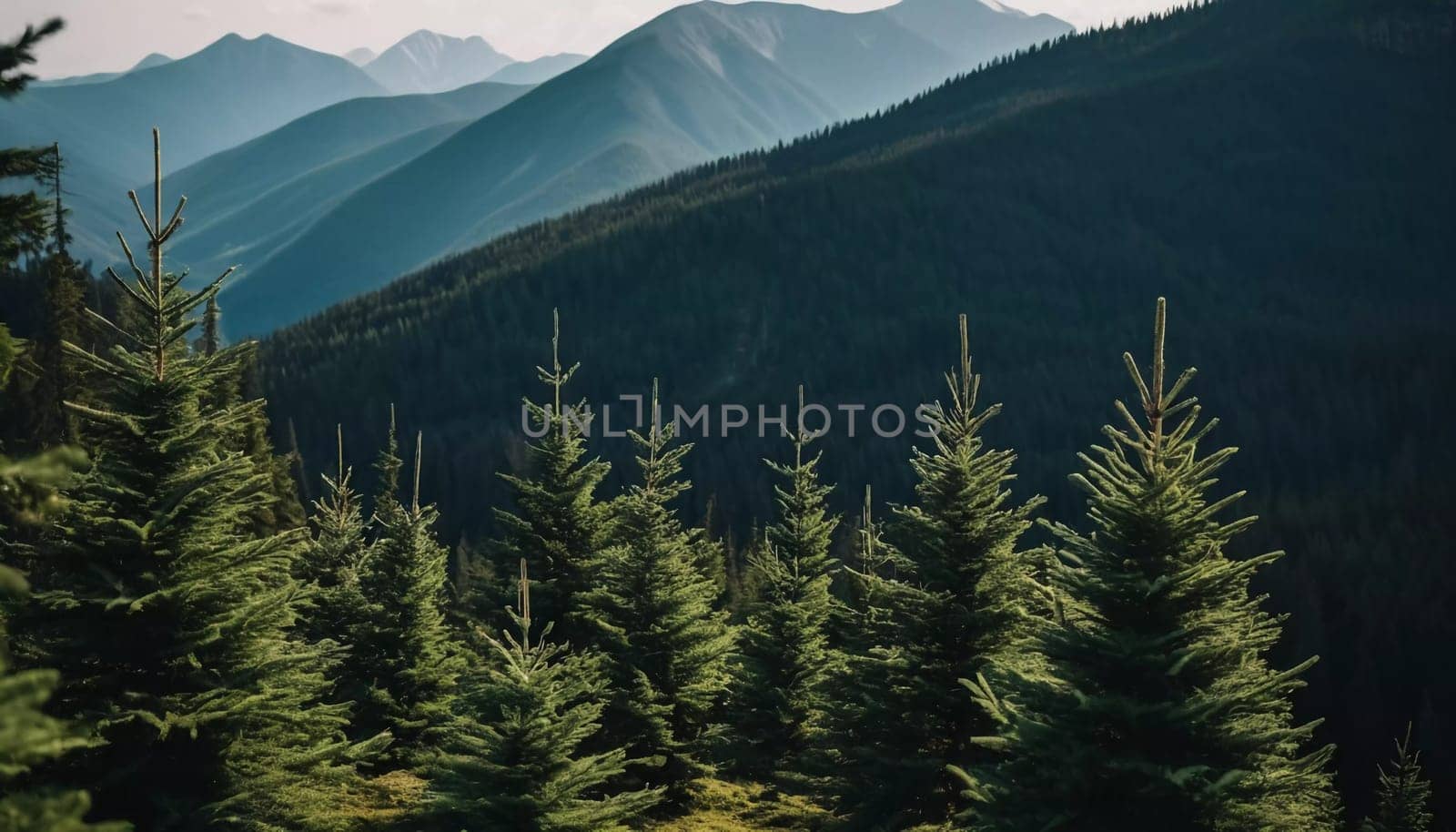 Majestic mountains tower over a serene spruce forest beneath a dramatic sky, showcasing nature beauty at dusk. Towering mountains with rolling hills and moody sky highlighting peaceful wilderness. AI.