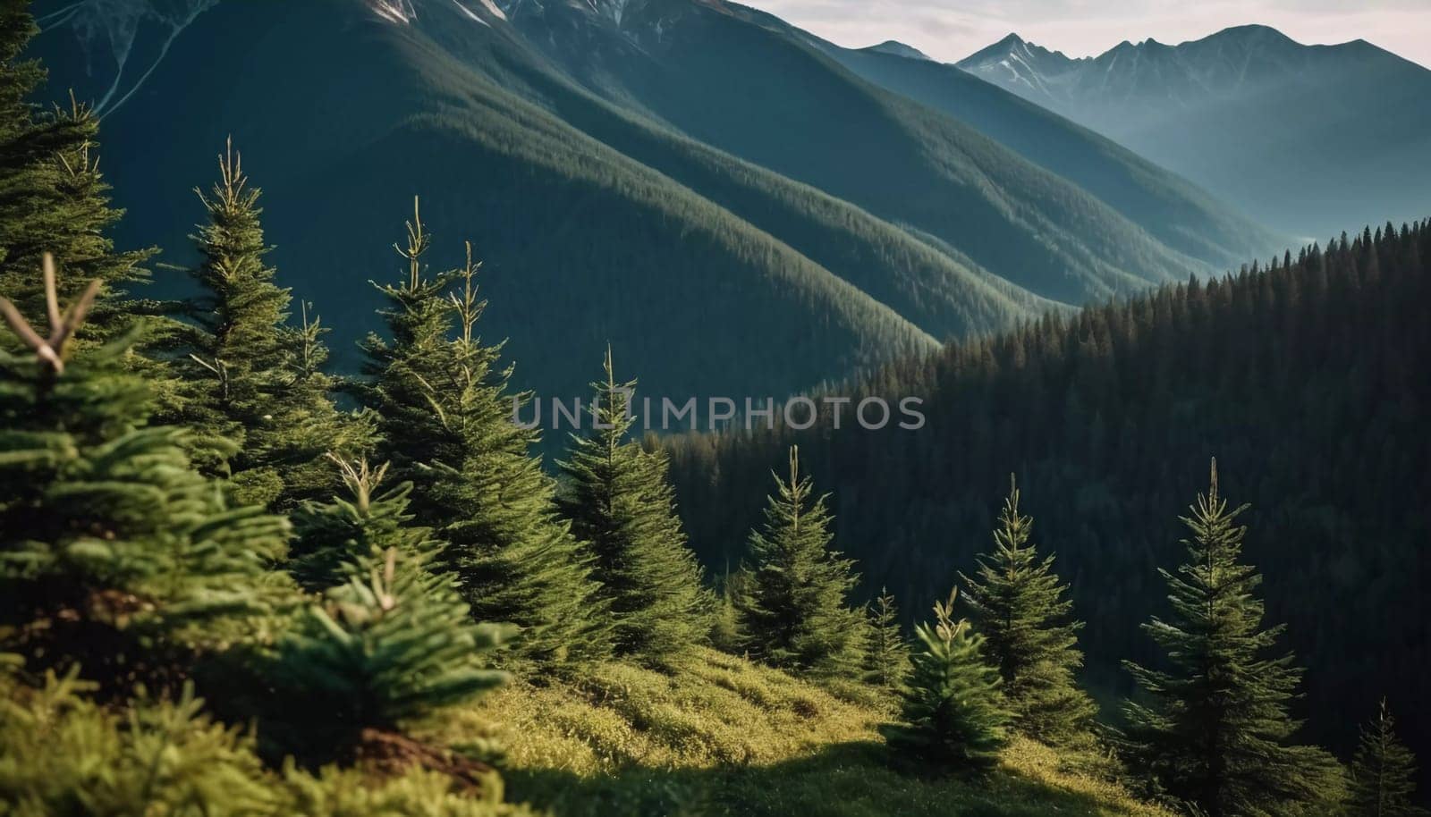 Majestic mountains tower over a serene spruce forest beneath a dramatic sky, showcasing nature beauty at dusk. Towering mountains with rolling hills and moody sky highlighting peaceful wilderness. AI.
