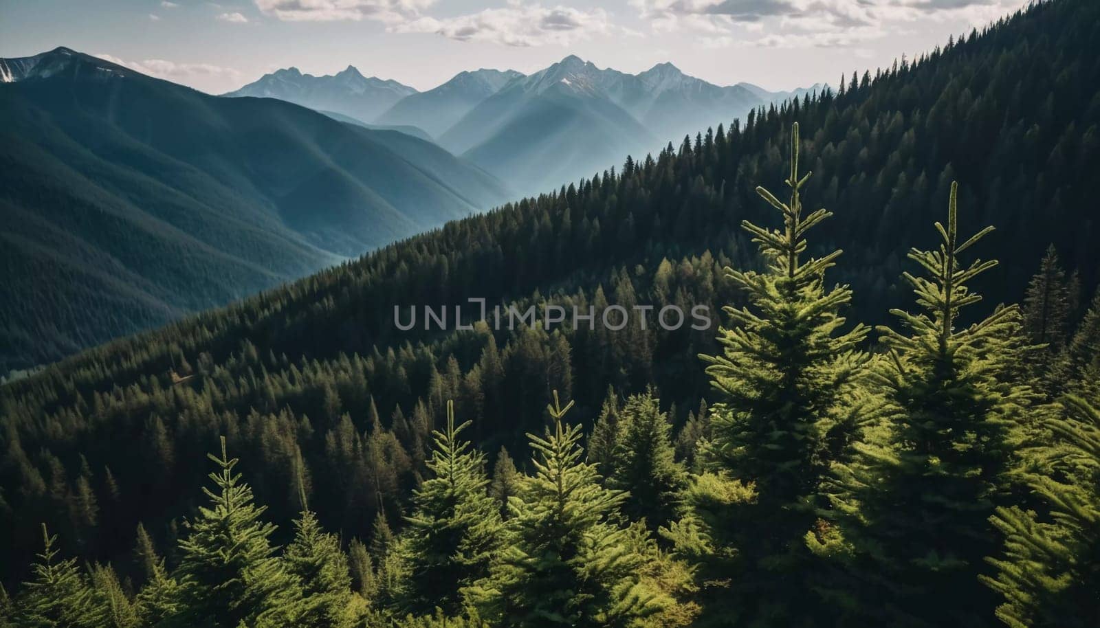Majestic mountains tower over a serene spruce forest beneath a dramatic sky, showcasing nature beauty at dusk. Towering mountains with rolling hills and moody sky highlighting peaceful wilderness. AI.