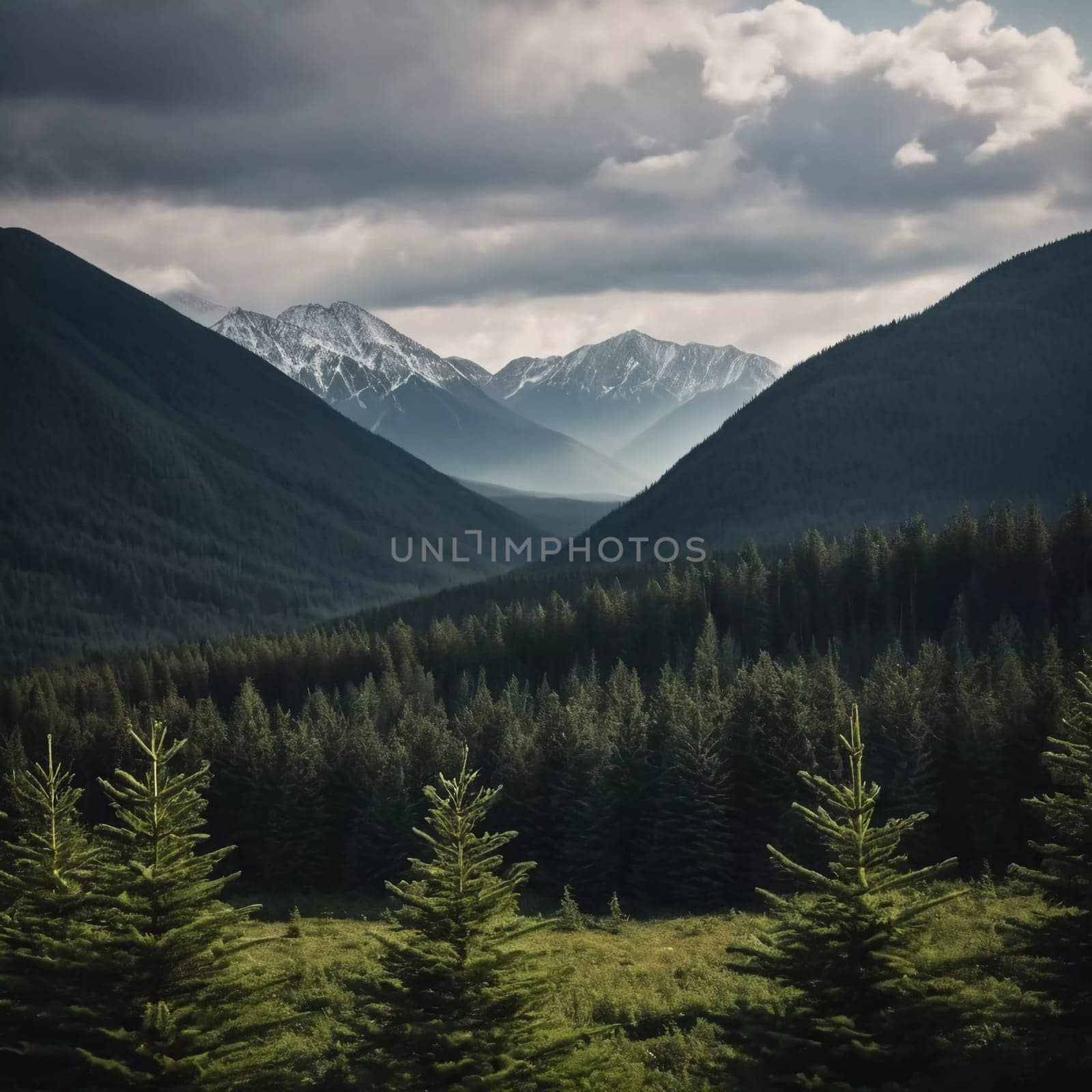 Majestic mountains tower over a serene spruce forest beneath a dramatic sky, showcasing nature beauty at dusk. Towering mountains with rolling hills and moody sky highlighting peaceful wilderness. AI.