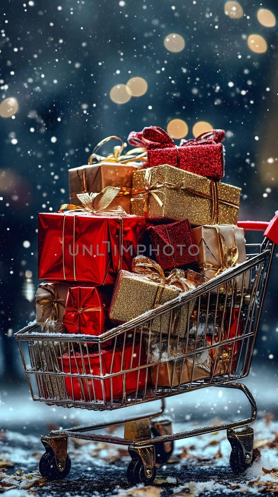 A shopping cart filled with Christmas presents, surrounded by falling snow. The cart is overflowing with brightly wrapped gifts, creating a festive and joyous atmosphere.