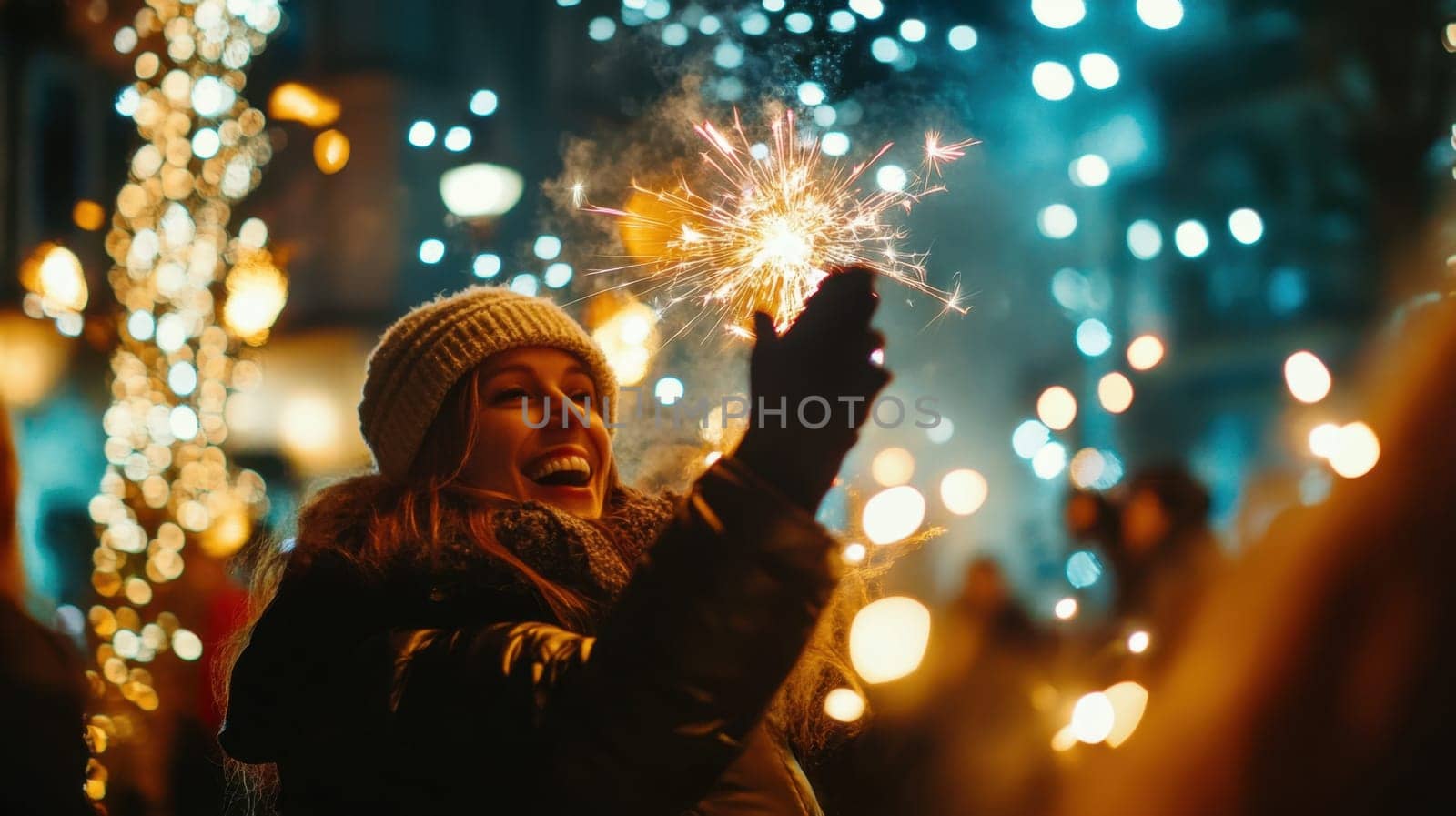 A woman happily celebrates in a festive atmosphere holding a sparkler amid glowing lights and other revelers on a winter night.