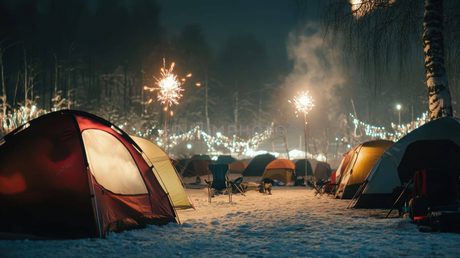 Tents lit by colorful lights gather in a snowy area as fireworks illuminate the night sky creating a festive camping atmosphere.