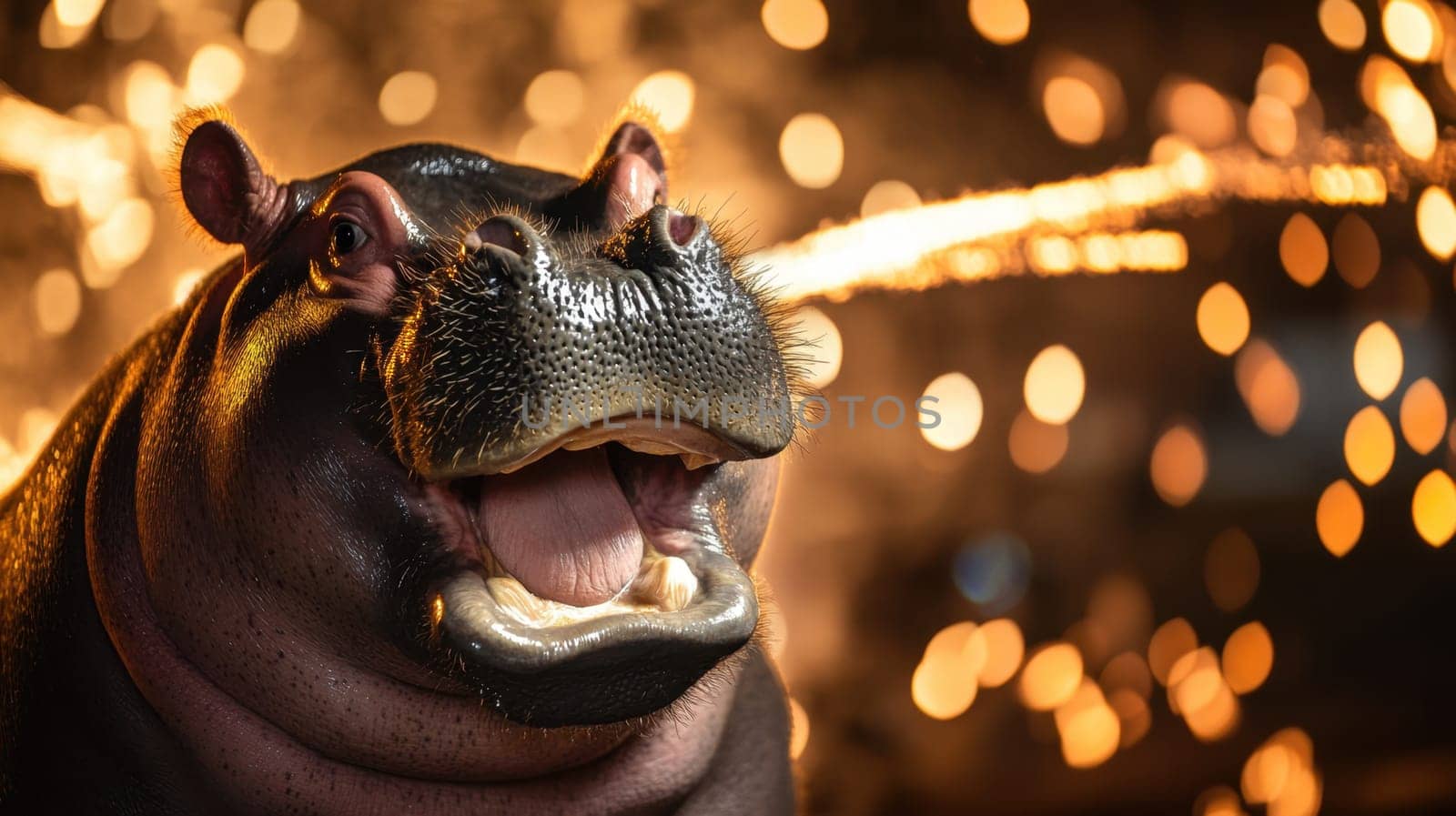 A hippo playfully spraying water amidst colorful lights creating a vibrant atmosphere during a nighttime occasion.