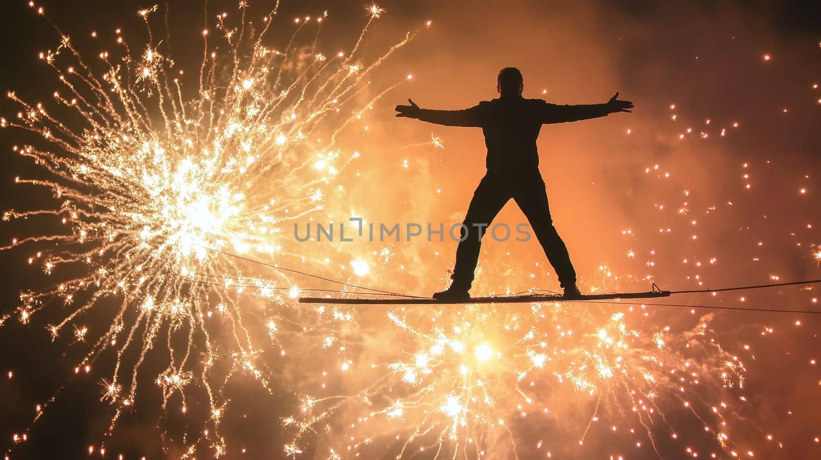 A performer is skillfully balancing on a tightrope as vibrant fireworks illuminate the night sky creating a breathtaking spectacle.