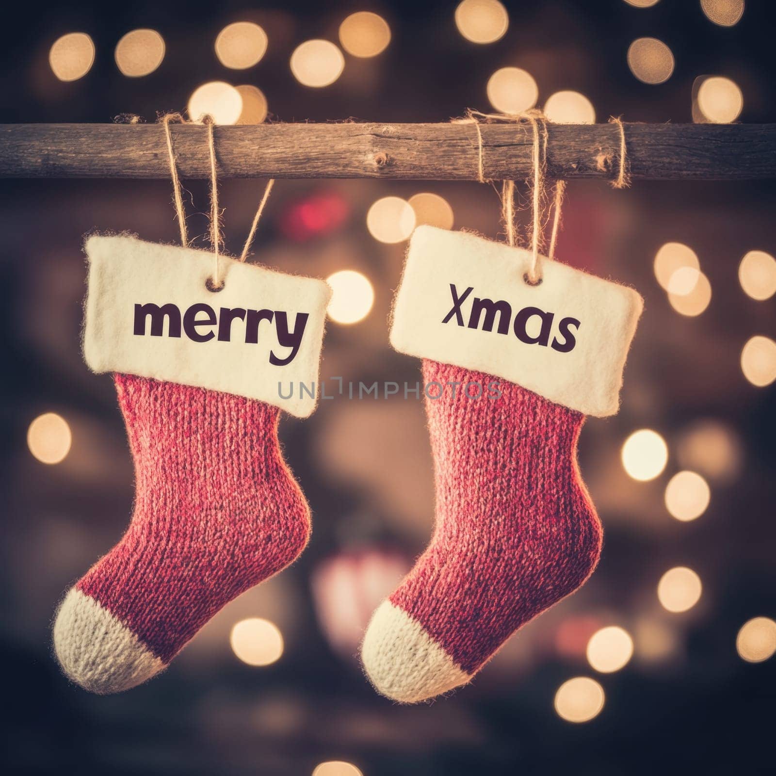 Two red knitted stockings with festive messages hang from a wooden beam illuminated by soft glowing lights during the holiday season.