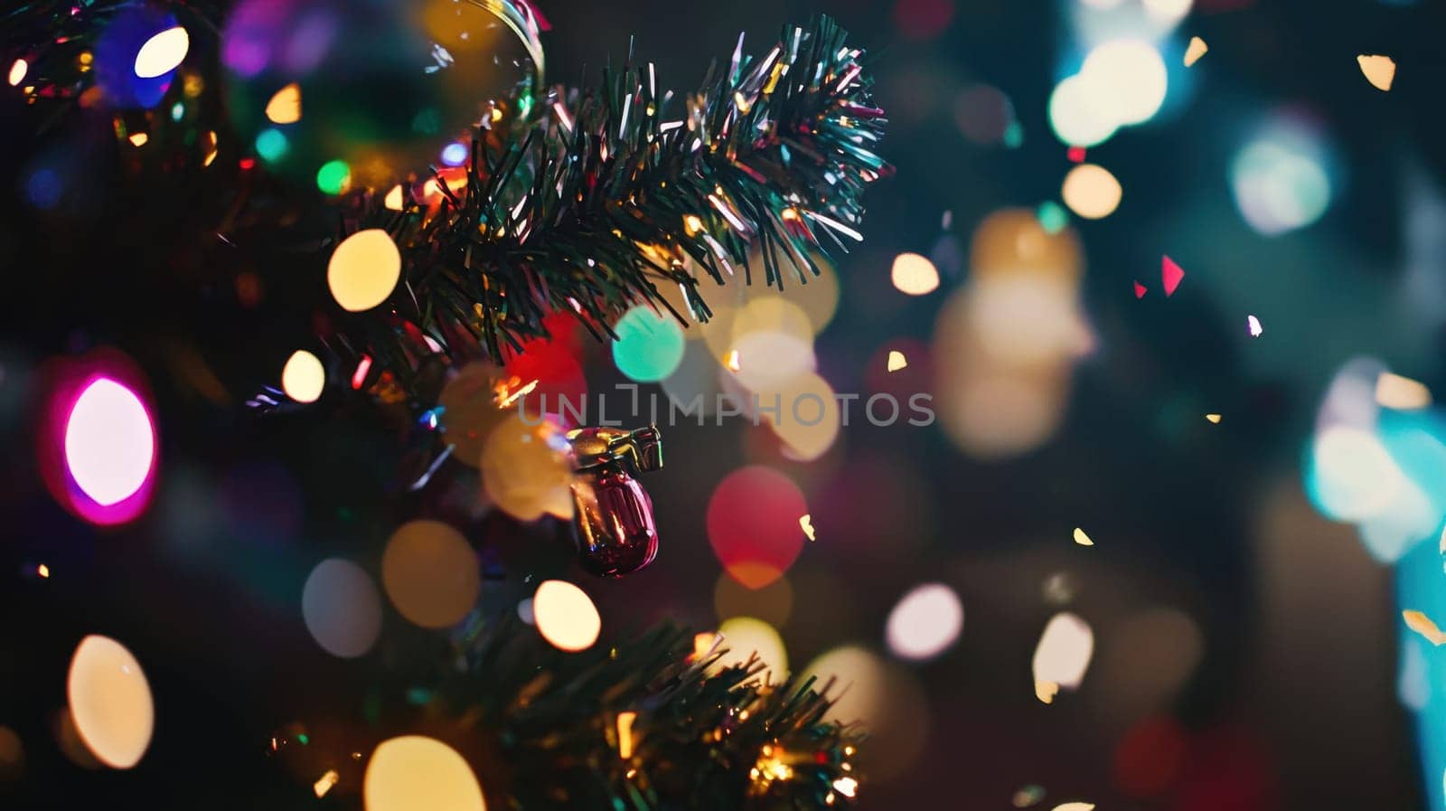 Colorful lights and ornaments adorn a Christmas tree creating a magical festive atmosphere filled with joy and celebration.