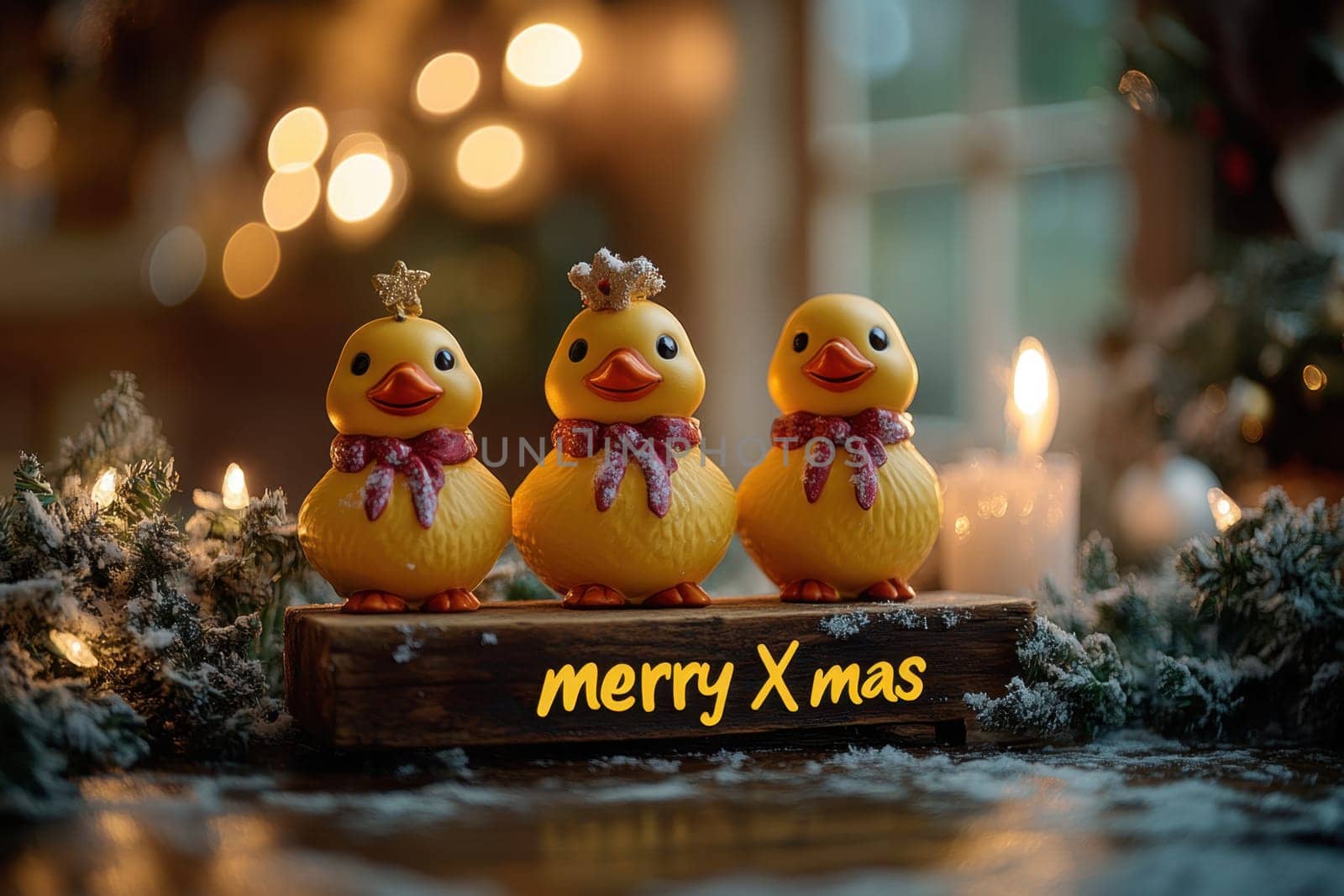 Three cheerful rubber ducks adorned with crowns celebrate Christmas with twinkling lights and decorations in a cozy atmosphere.