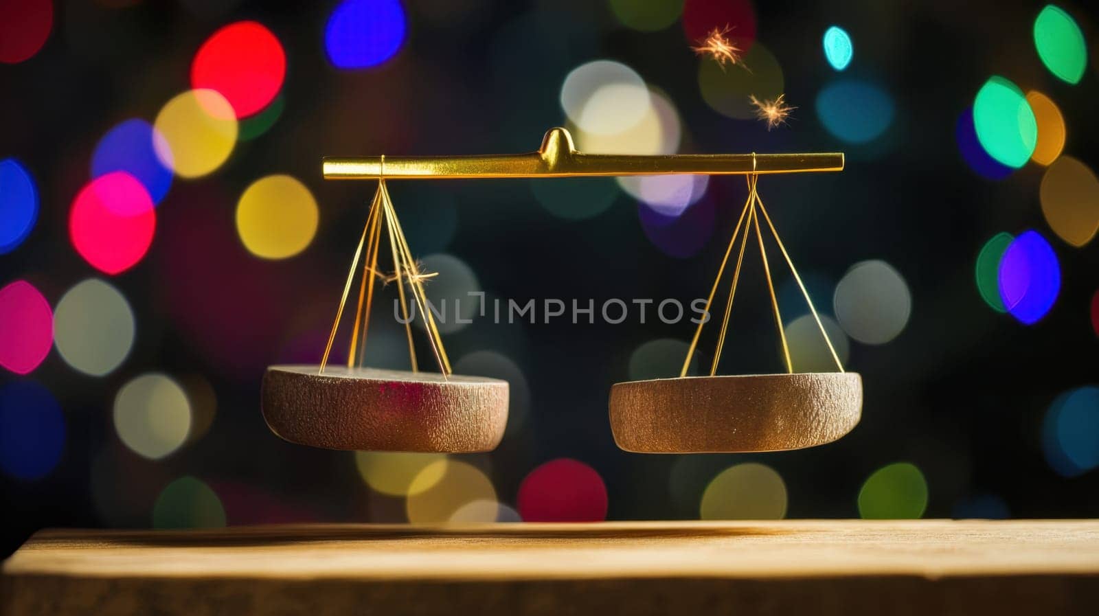 Two balanced scales rest on a wooden surface adorned with vibrant colorful lights that create a festive atmosphere and highlight fairness.