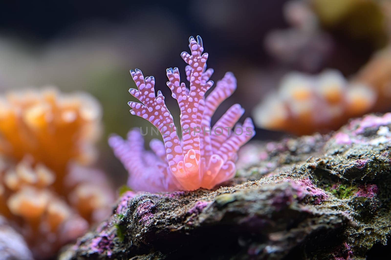 A lively coral formation displays intricate patterns and vibrant colors in a diverse underwater environment thriving with marine life.