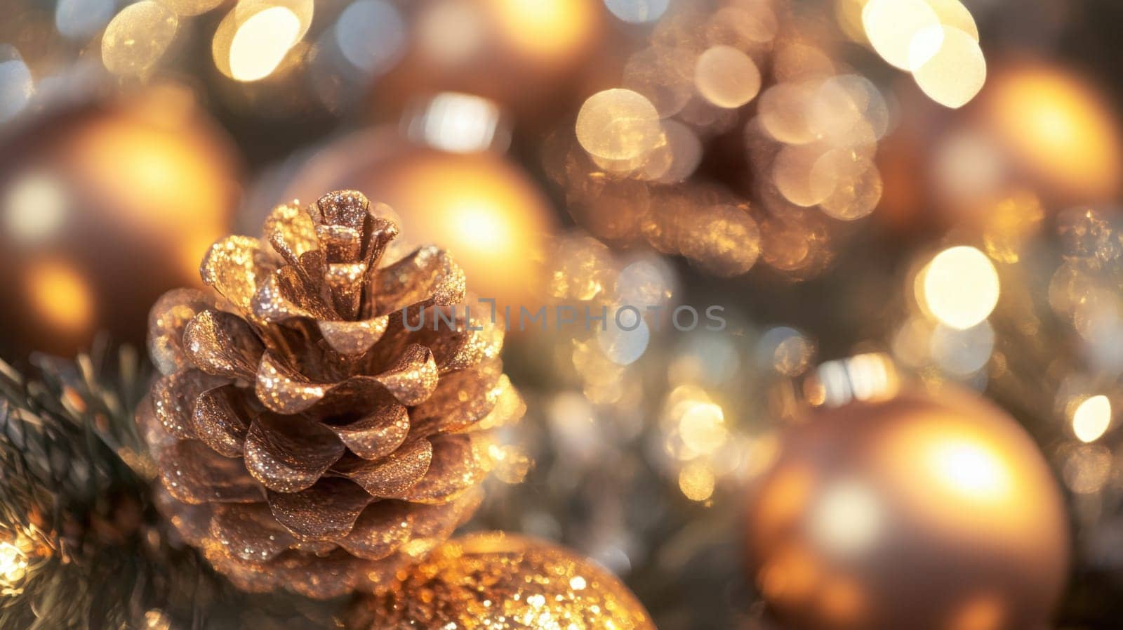 A shimmering golden pine cone decorates a lush tree backdrop surrounded by sparkling ornaments and warm lights during the holiday season.