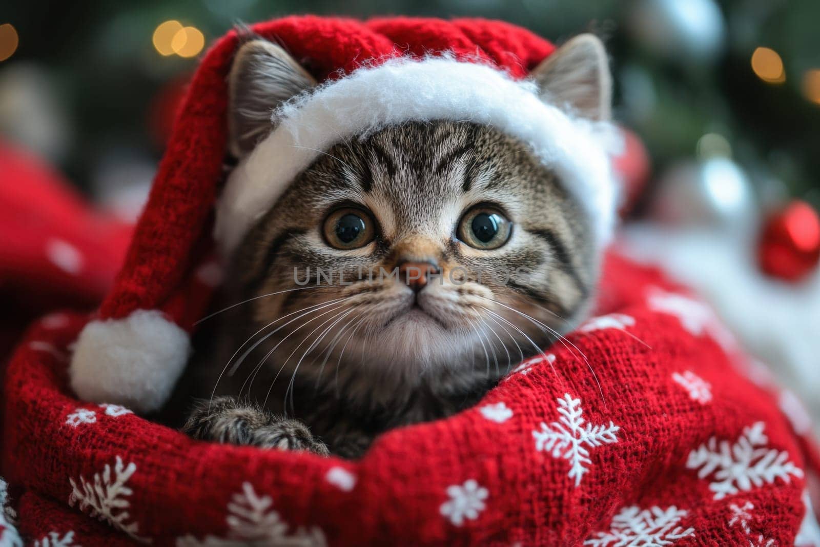 A playful kitten wearing a red Santa hat sits nestled in a cozy blanket surrounded by holiday decorations and lights.