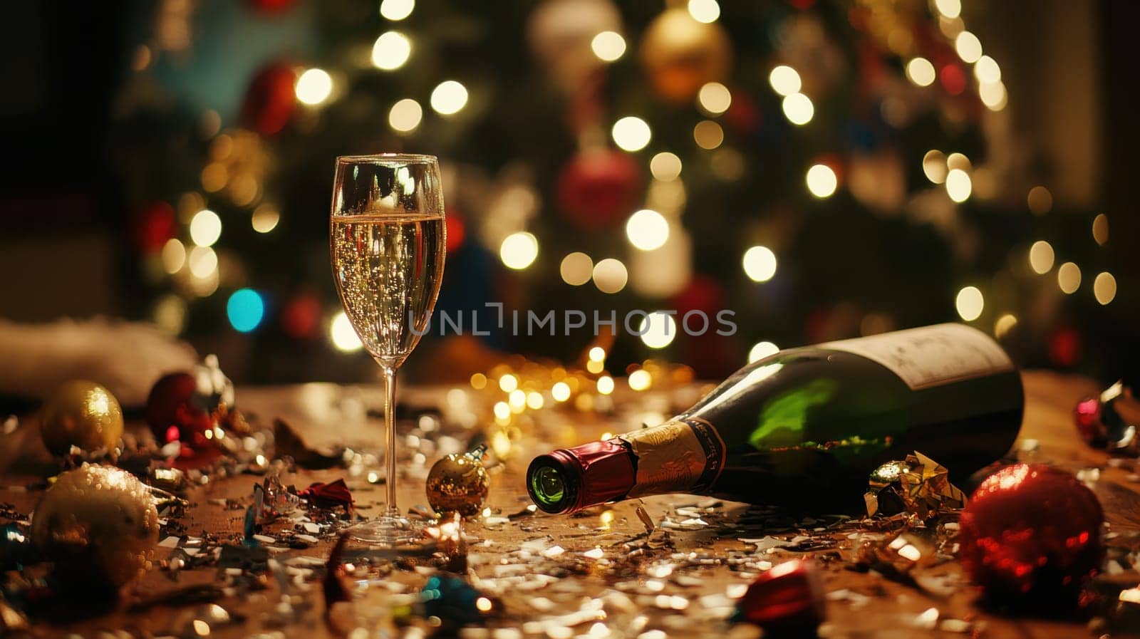 A festive setting featuring a glass of champagne beside an open bottle. Colorful decorations and lights create a celebratory mood.